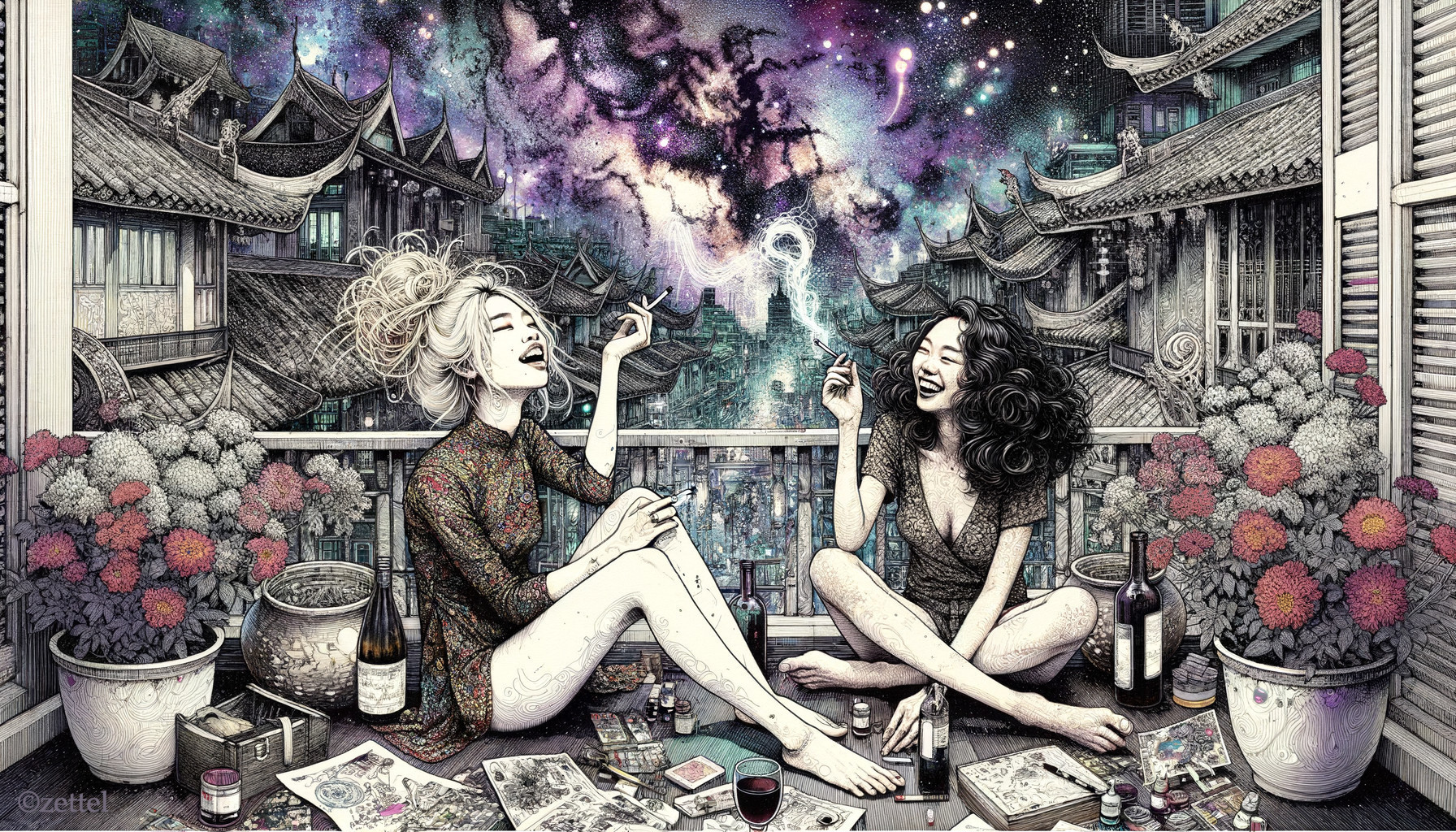 Women on Balcony with Flowers and Cosmic Background