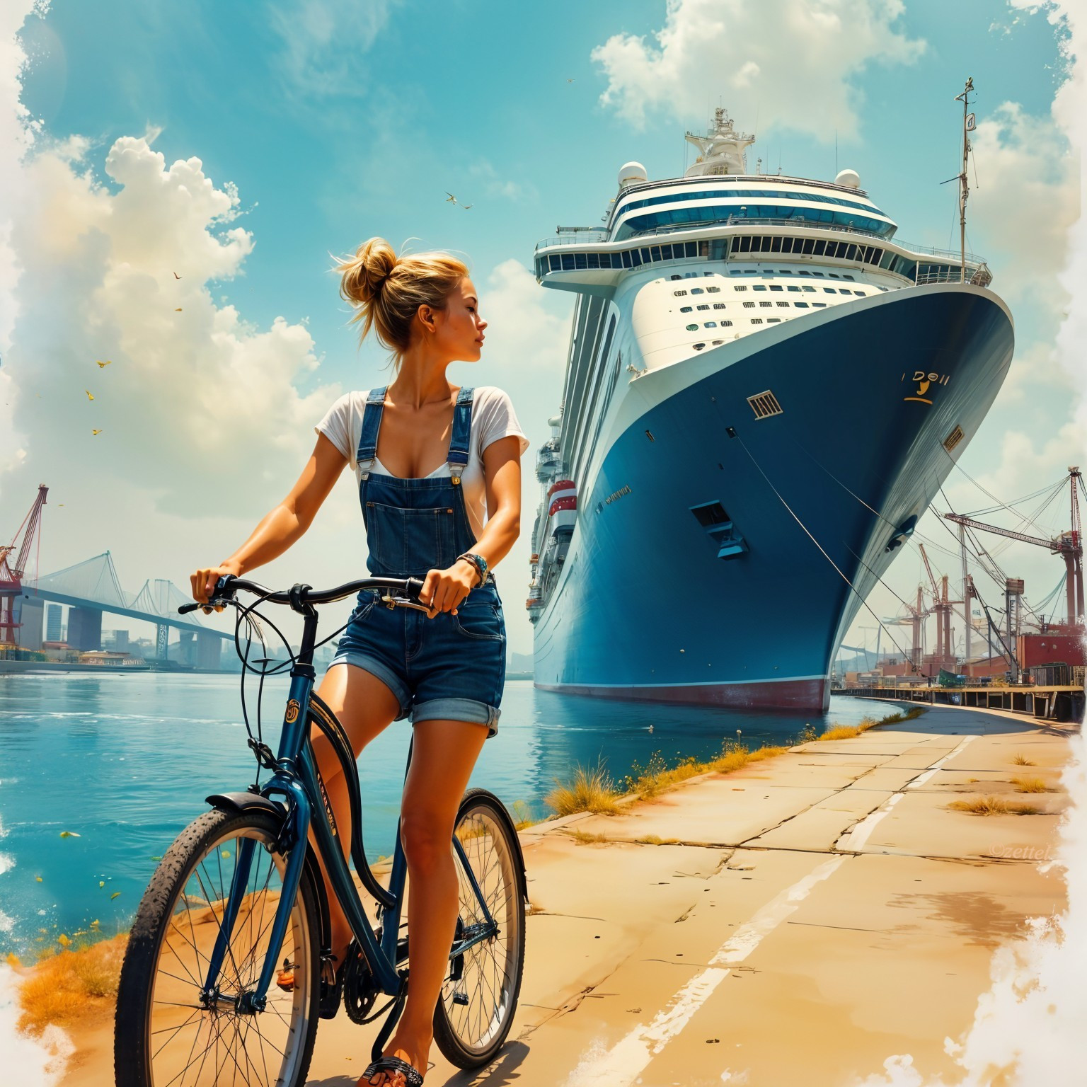 Young Woman Bicycling at a Vibrant Waterfront
