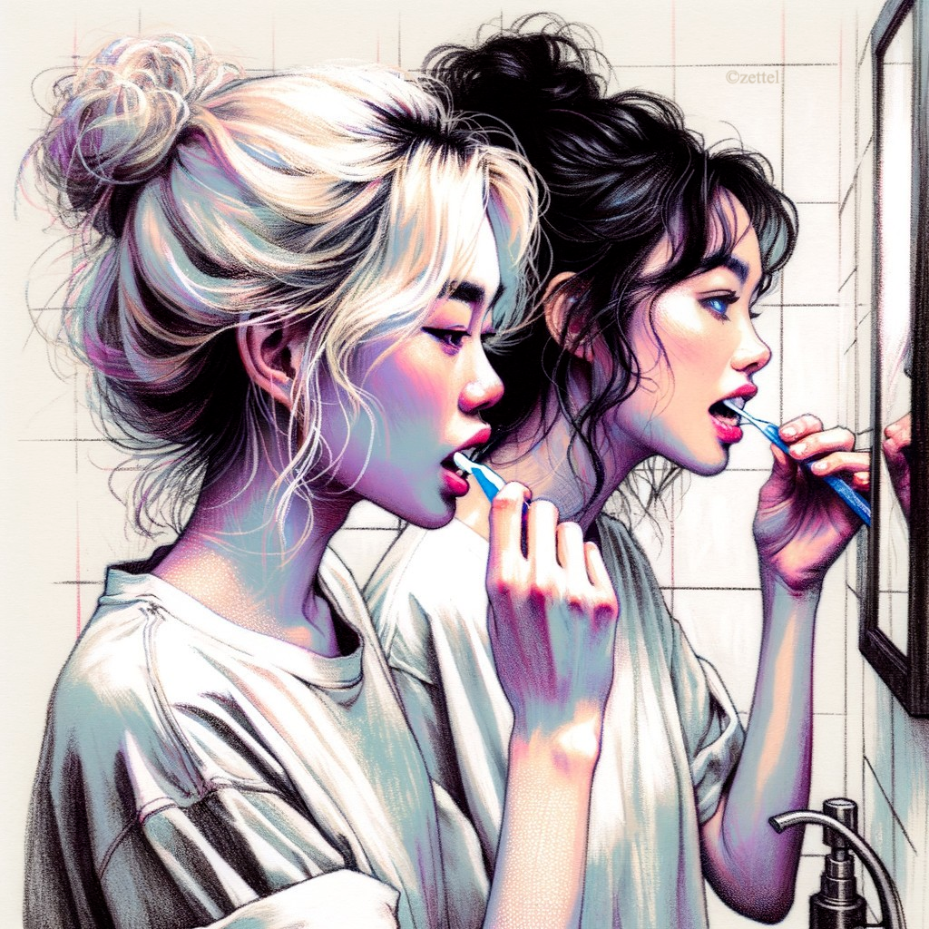 Young Women Brushing Teeth at Bathroom Sink