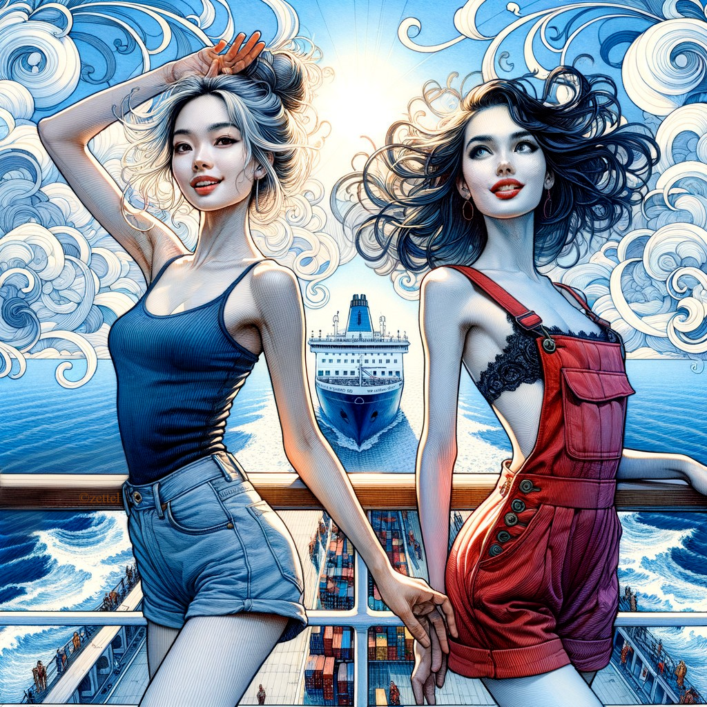 Young Women on Ship Deck with Vibrant Sea Background