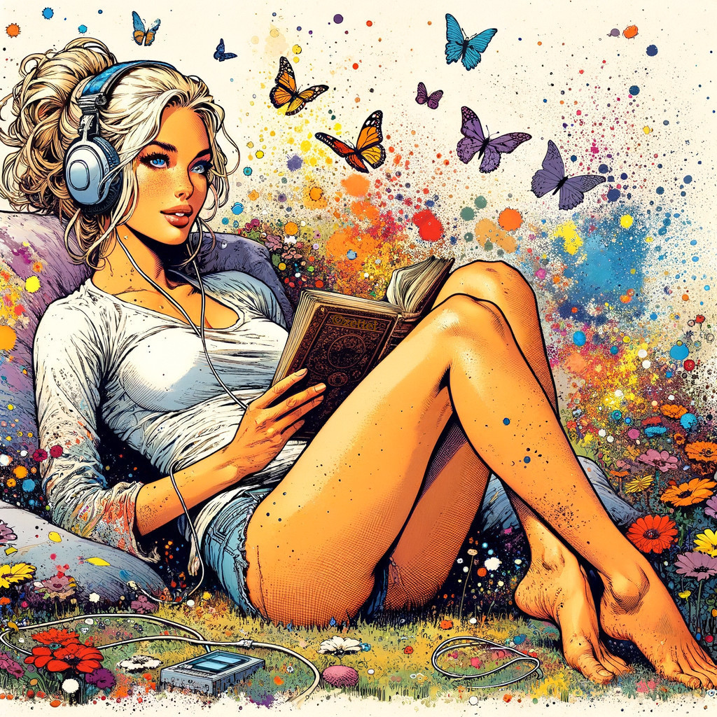 Young woman reading on floral blanket with butterflies