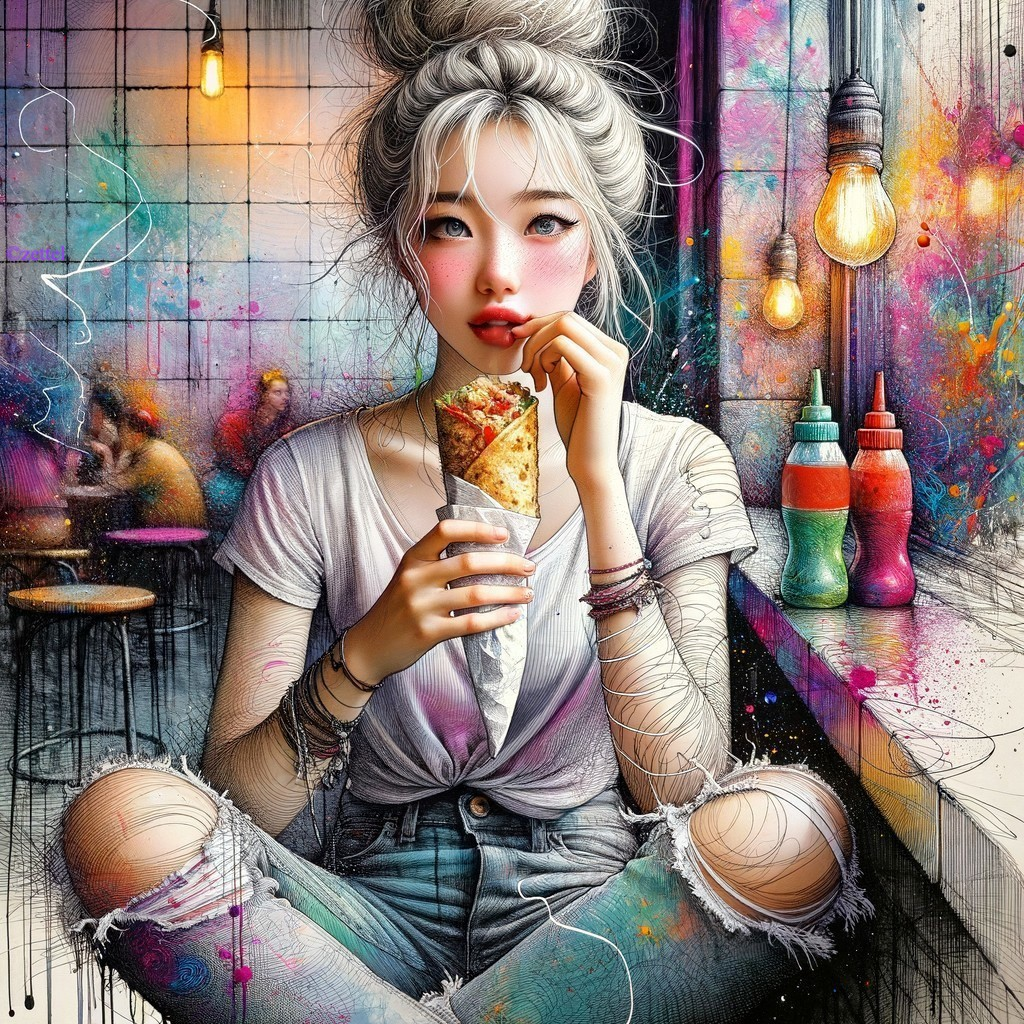 Young woman in café with snack and colorful decor