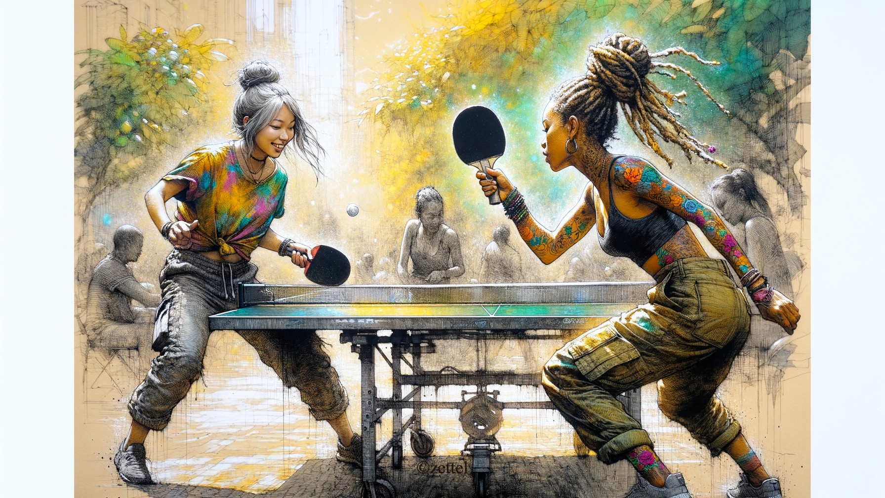 Young Women Playing Ping Pong in Vibrant Outdoor Scene