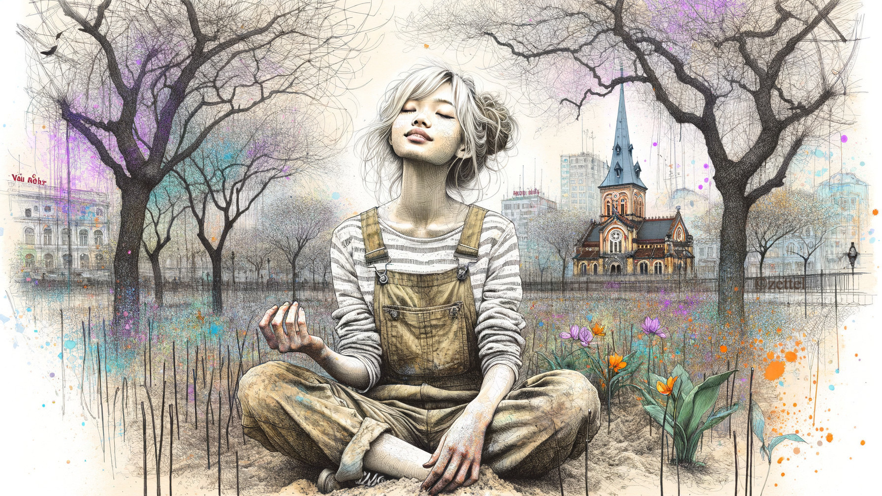 Young Woman Meditating in Urban Park with Tulips