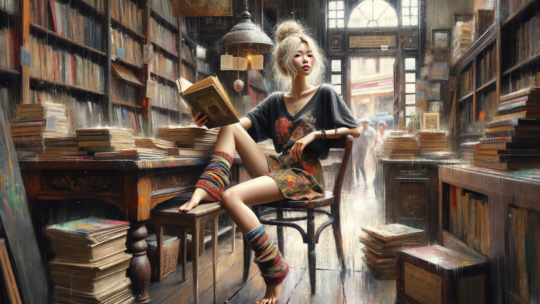Cozy Vintage Library with Young Woman Reading