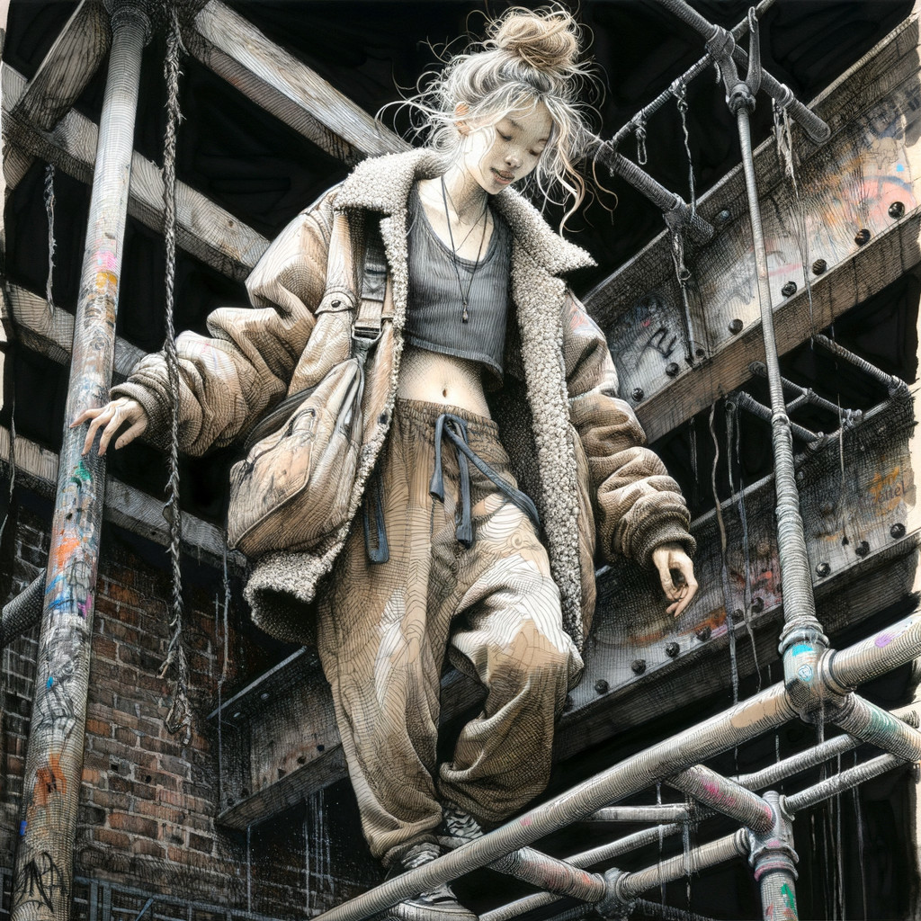 Young Woman in Urban Style on Scaffolding Structure