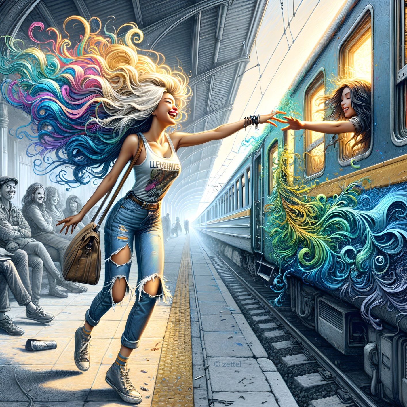 Colorful Hair Woman Reaches Out in Train Station