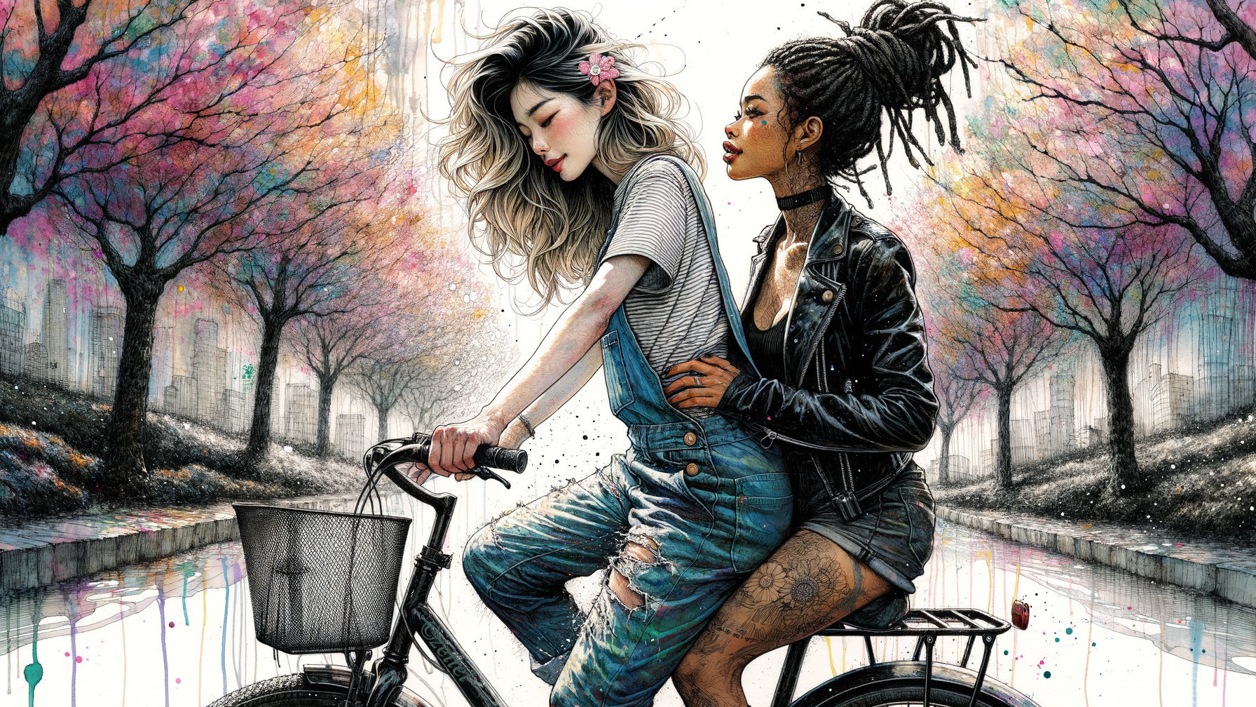 Two Women Riding Bicycle in Vibrant Urban Setting