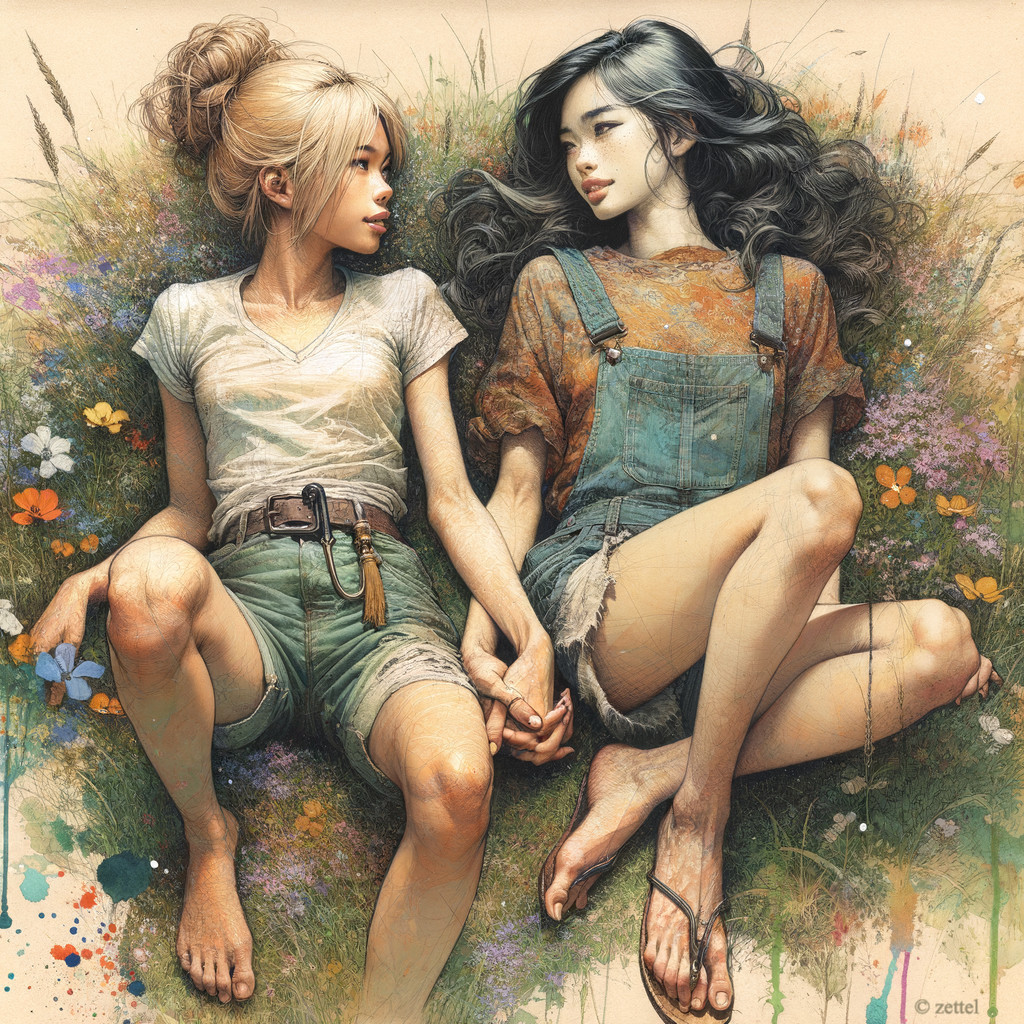 Young Women in a Flower Field with Joyful Expressions
