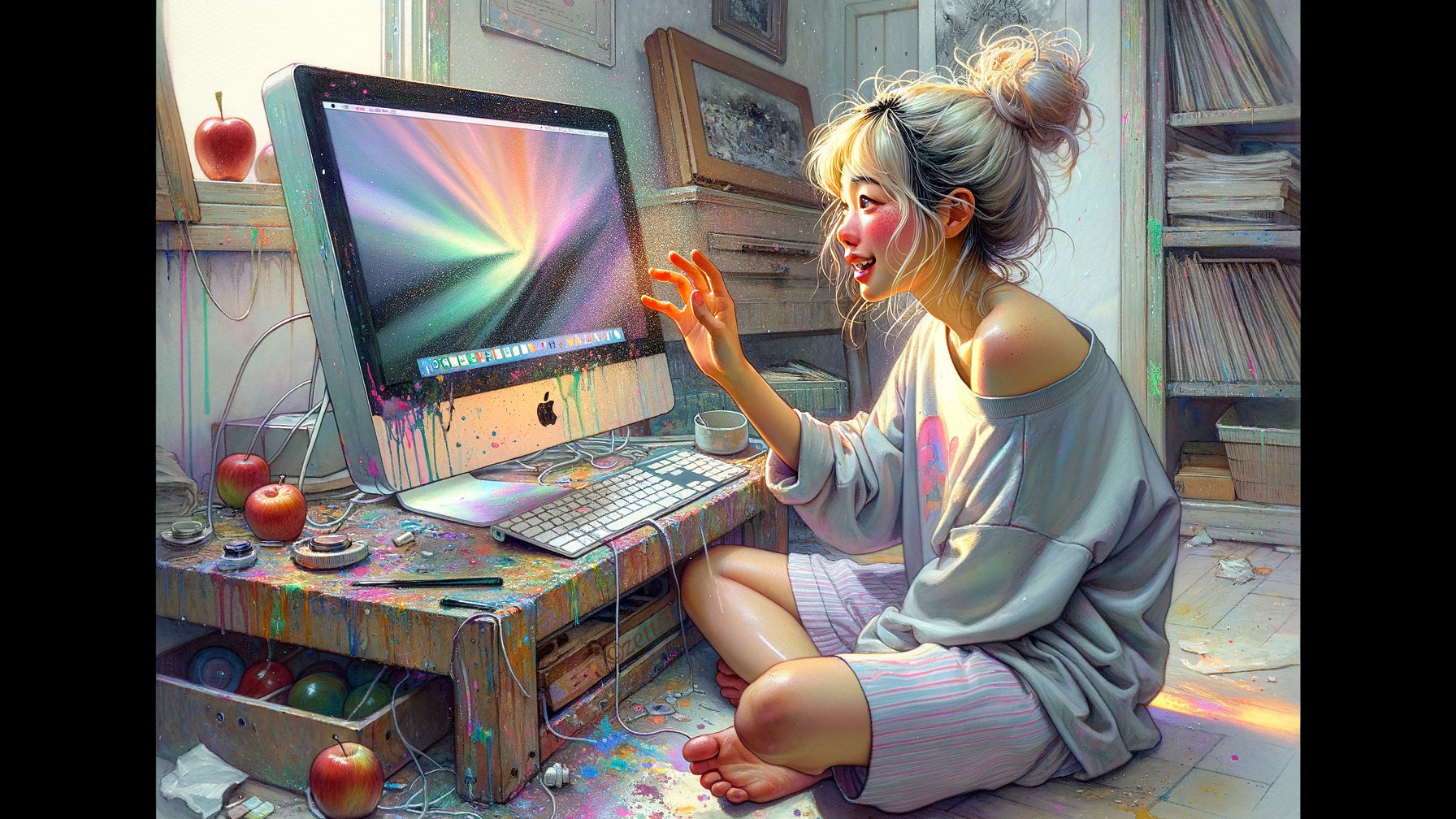 Young woman in cozy room with art supplies and apples