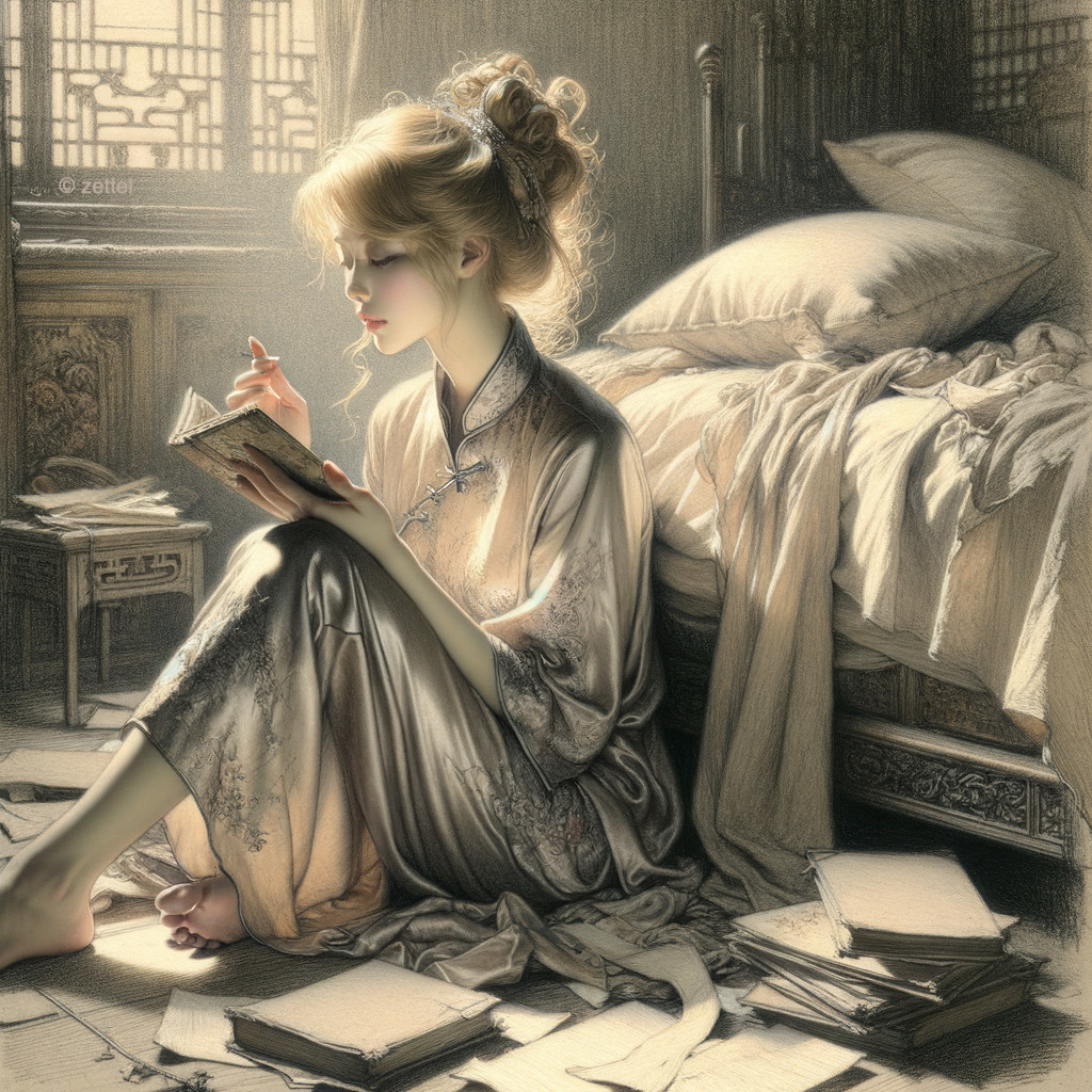 Young Woman Reading in Sunlit Room with Books