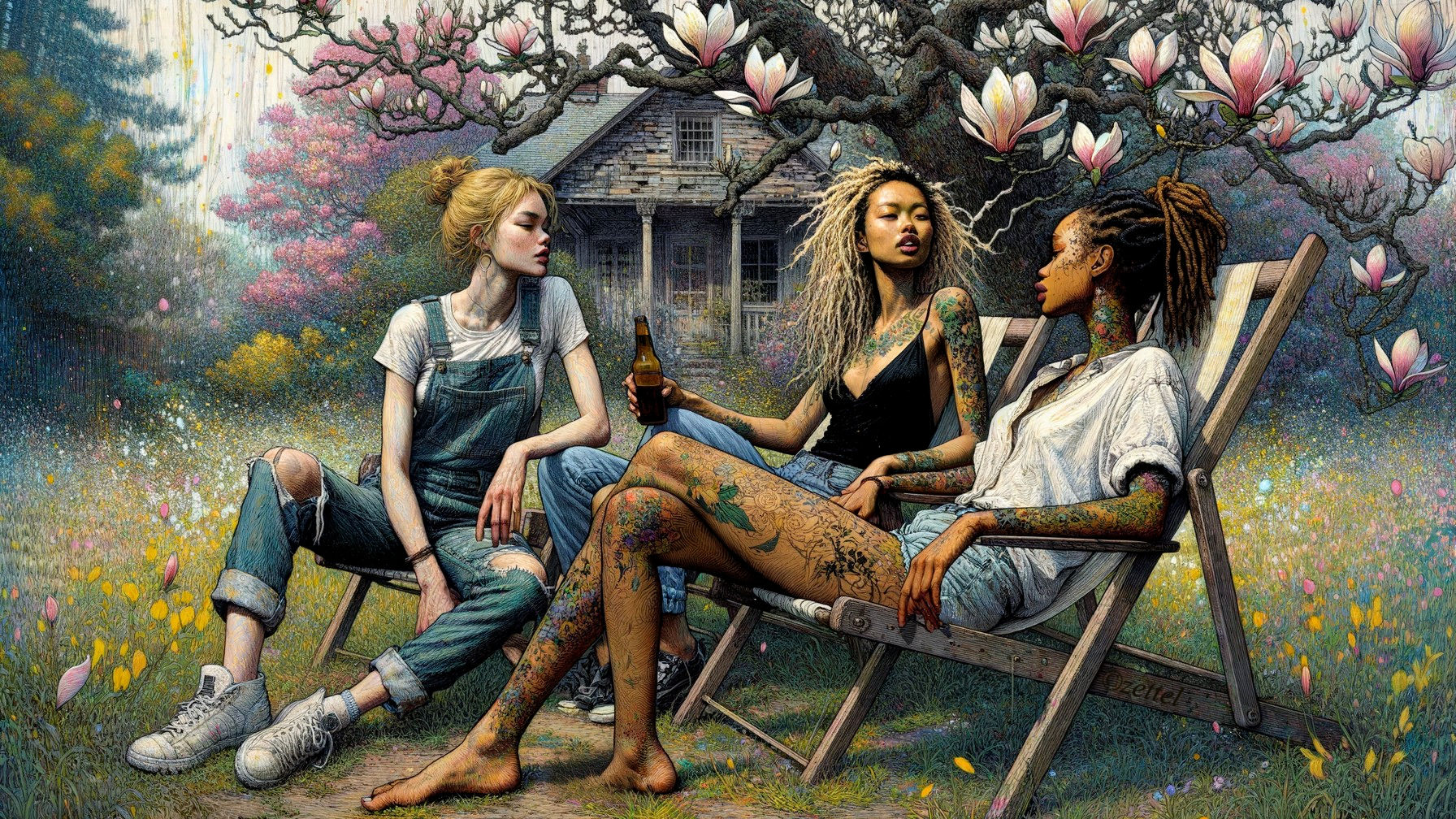 Tattooed Women Relaxing in a Whimsical Garden