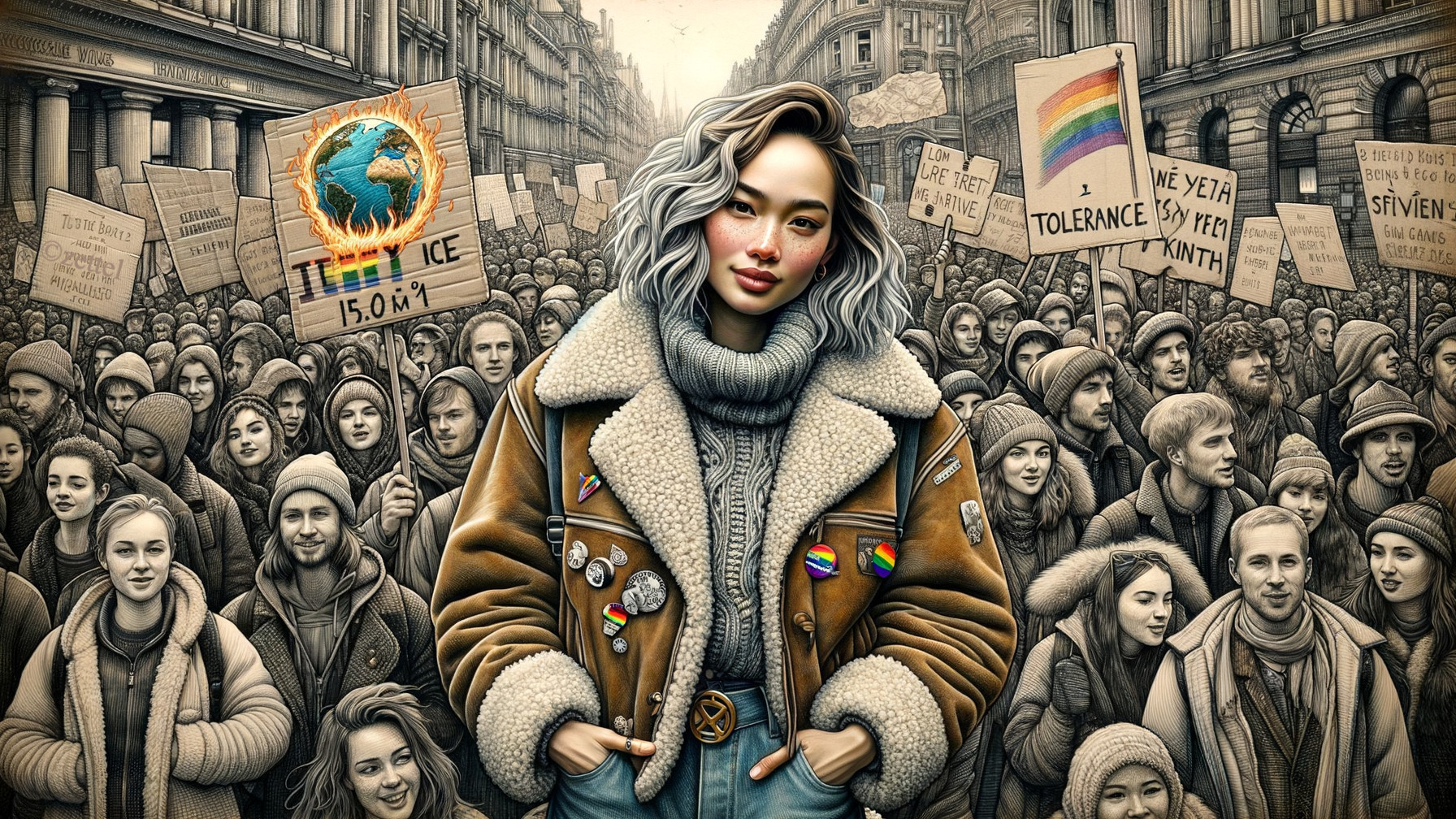 Young Woman at Climate Action Protest with Diverse Crowd