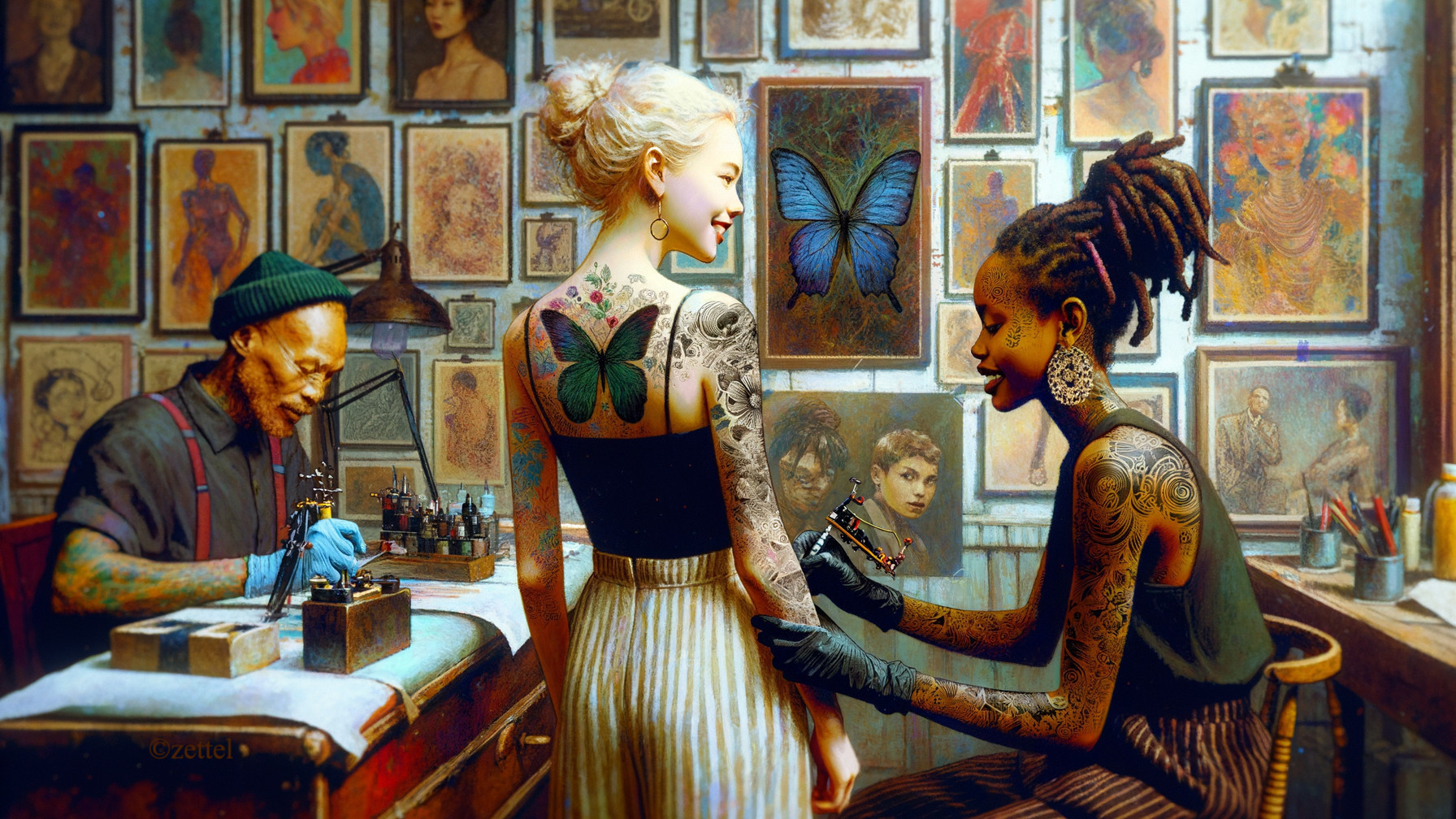 Vibrant Tattoo Parlor with Diverse Art and Designs