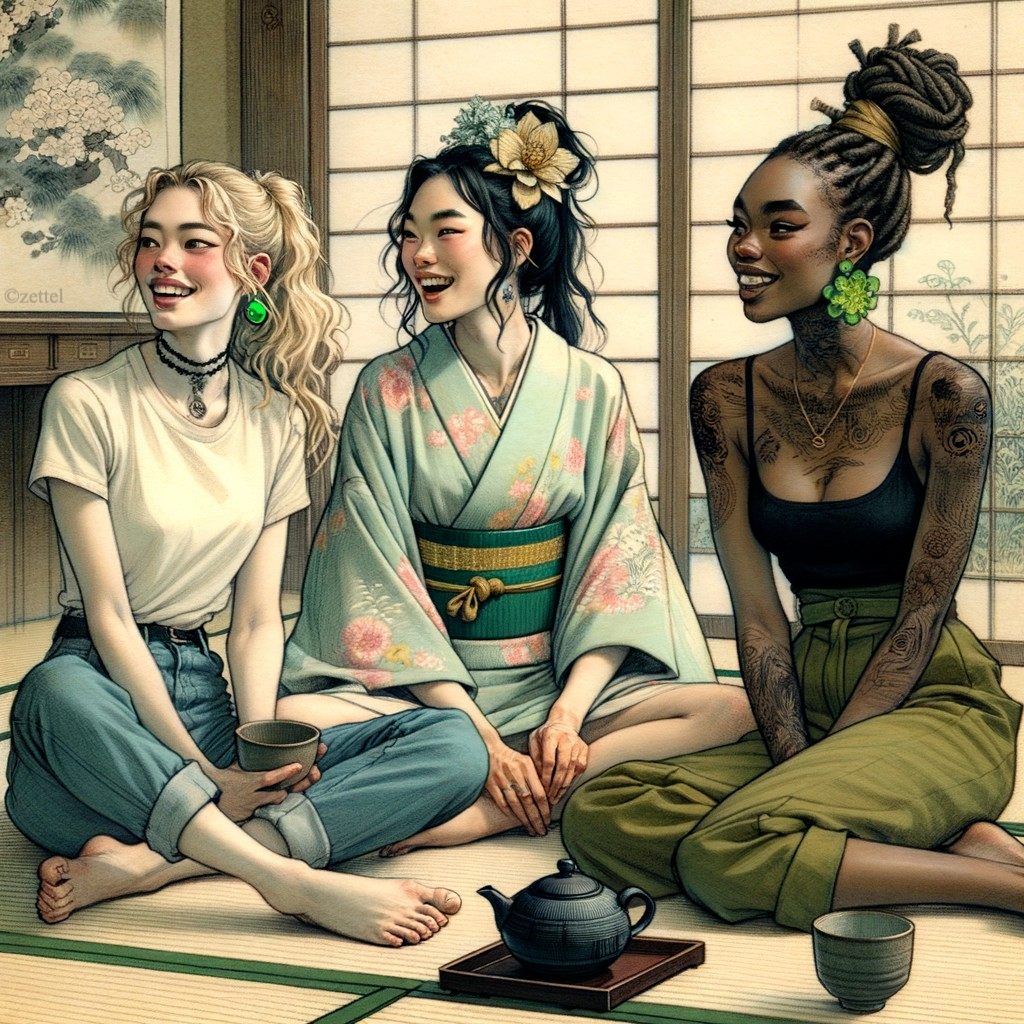Women in Traditional Room with Laughter and Attire