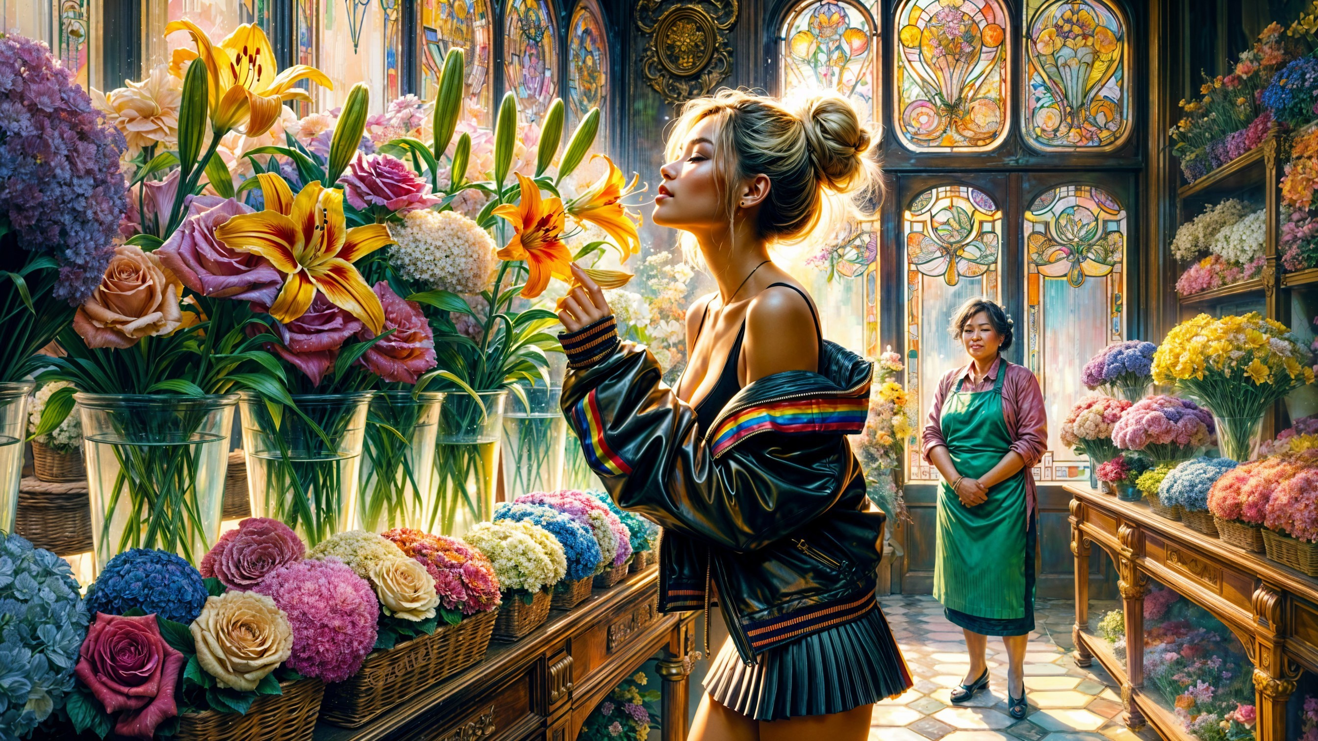 Flower Shop Scene with Woman and Colorful Blooms