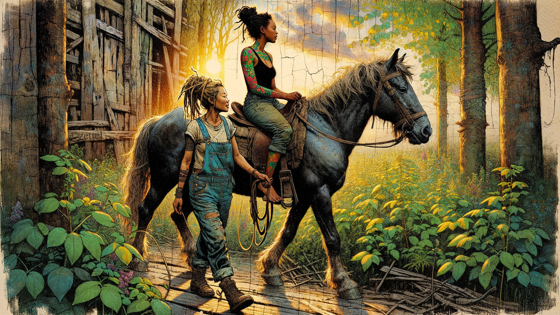 Women in a forest with a horse and colorful tattoos