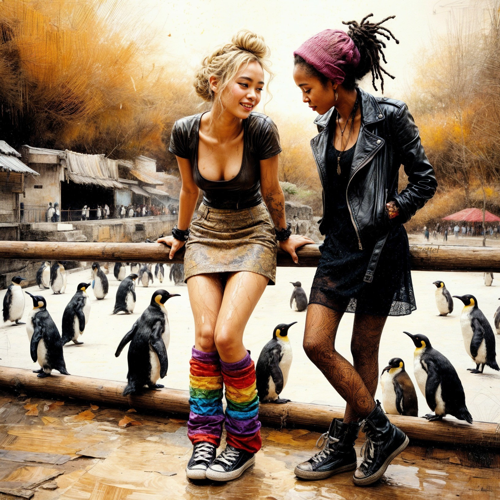 Young Women Play in Whimsical Outdoor Setting with Penguins