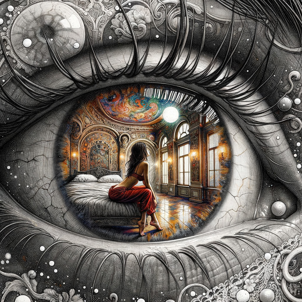 Giant Eye with Bedroom Scene and Cosmic Patterns