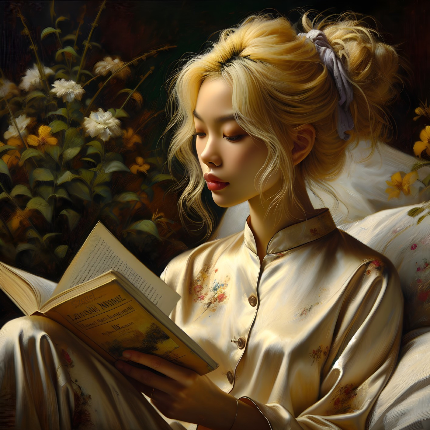 Young woman reading in a serene floral setting