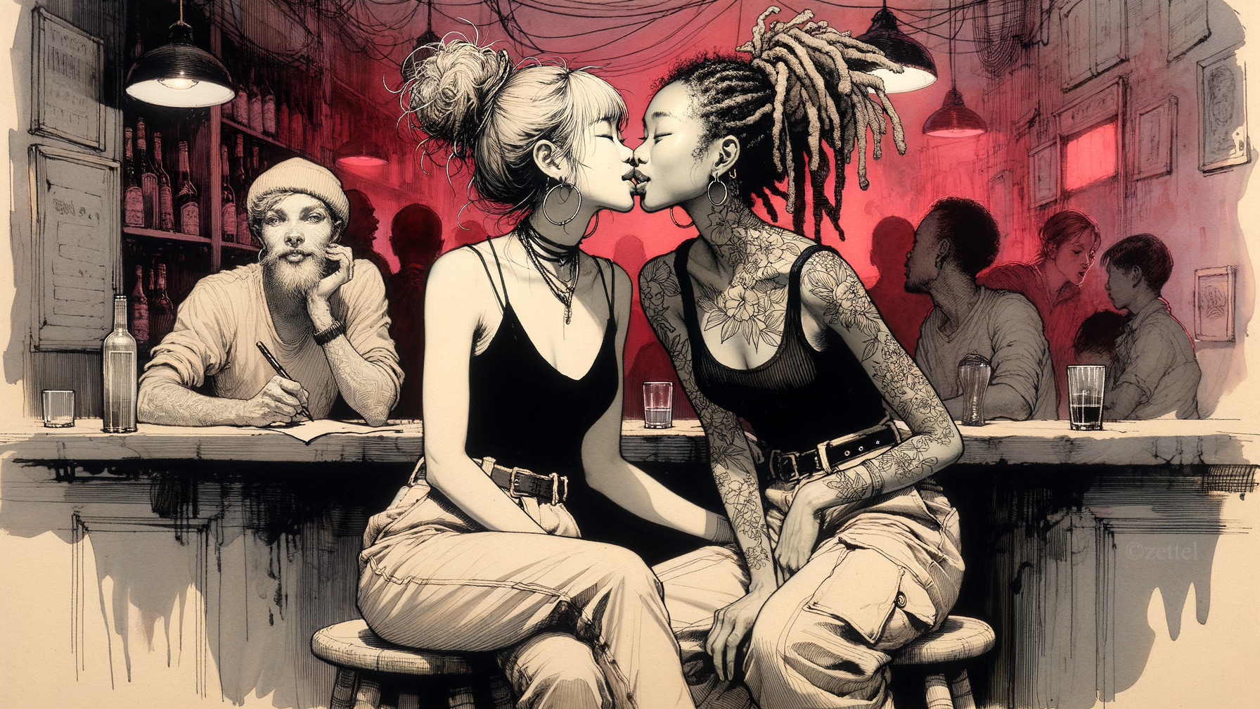 Women Sharing a Kiss in a Vibrant Bar Setting