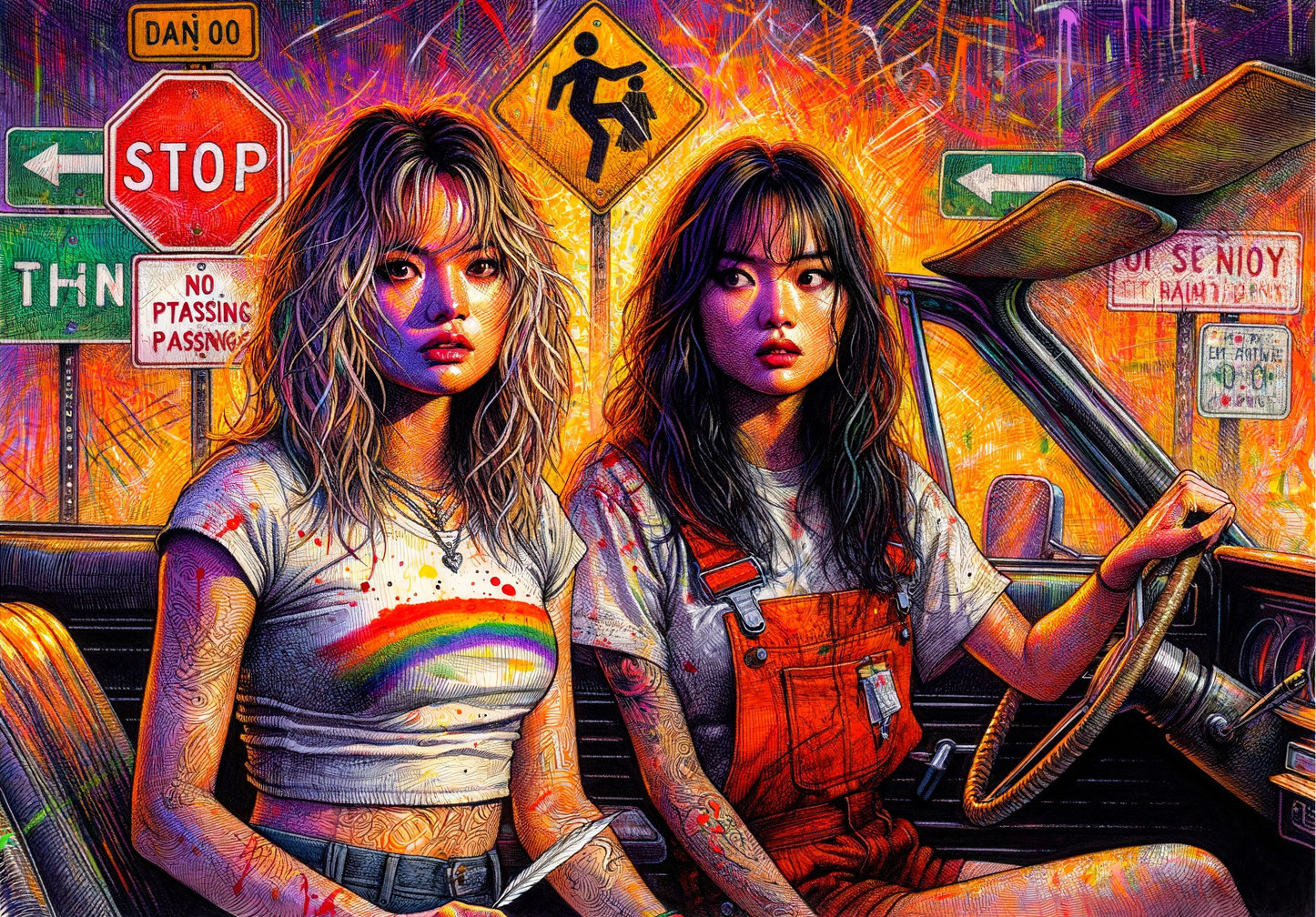 Young Women in Colorful Retro Car with Urban Vibe