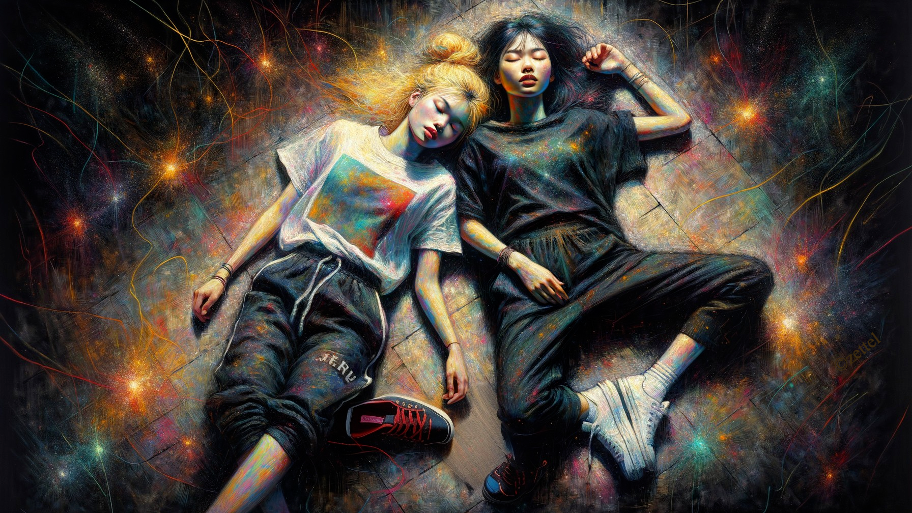 Young women in serene pose on cosmic backdrop
