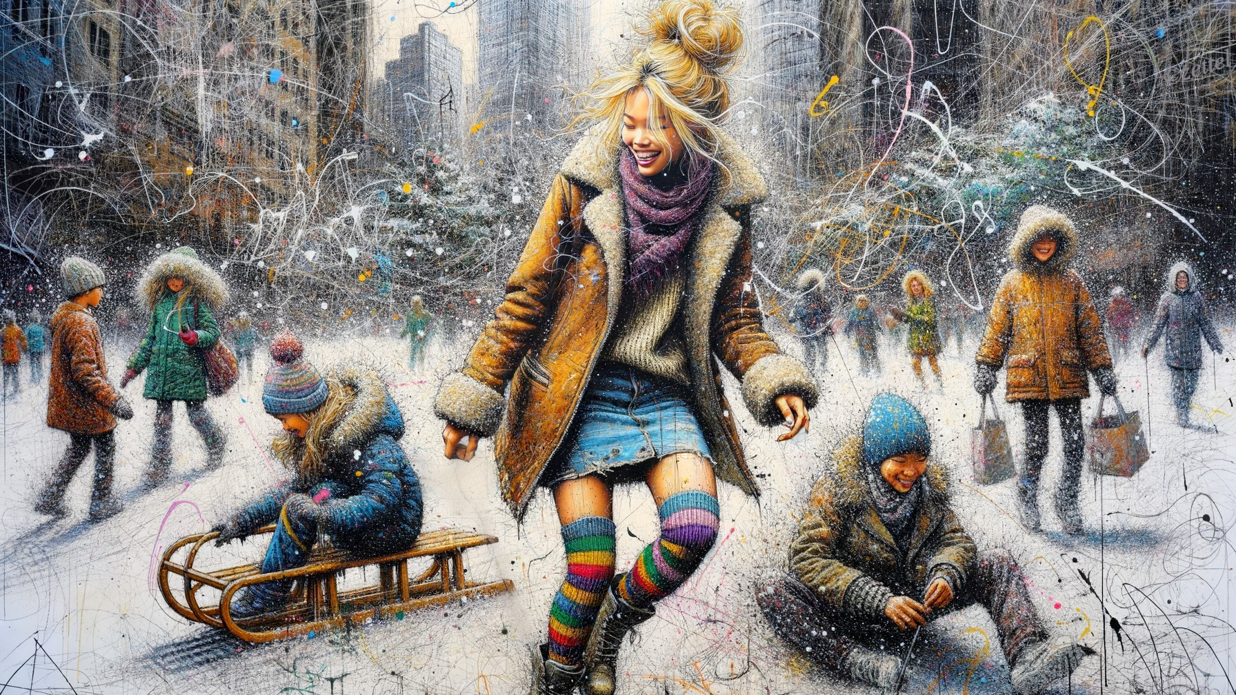 Vibrant Winter Scene with Colorful Activities and People
