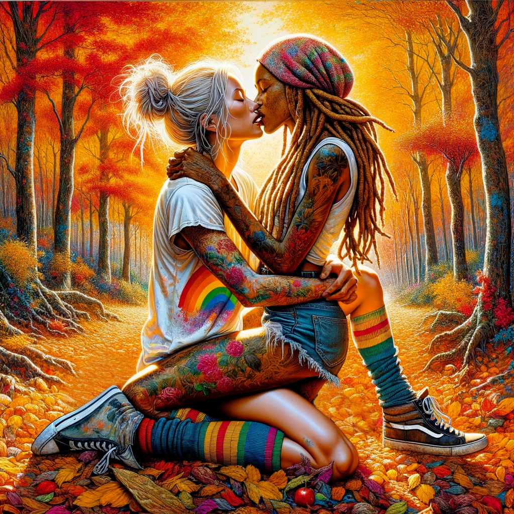 Autumn Forest Scene with Two Women Sharing a Kiss