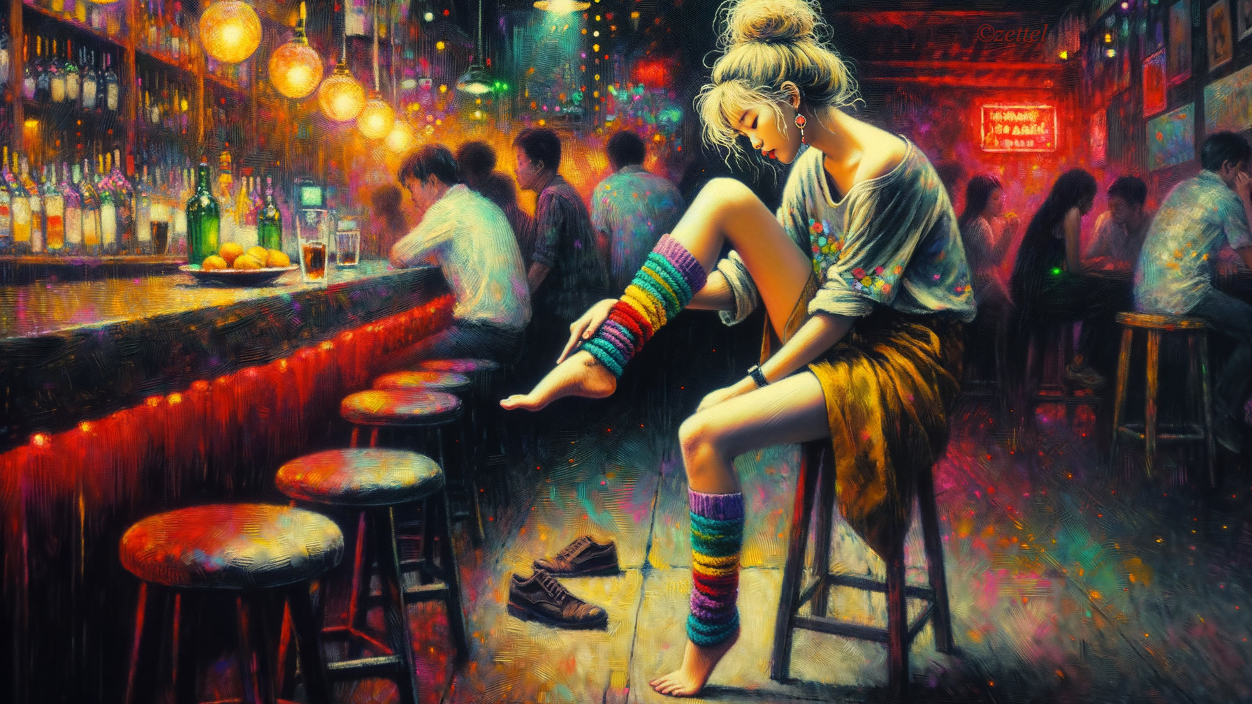 Vibrant Bar Scene with Colorful Atmosphere and Patrons