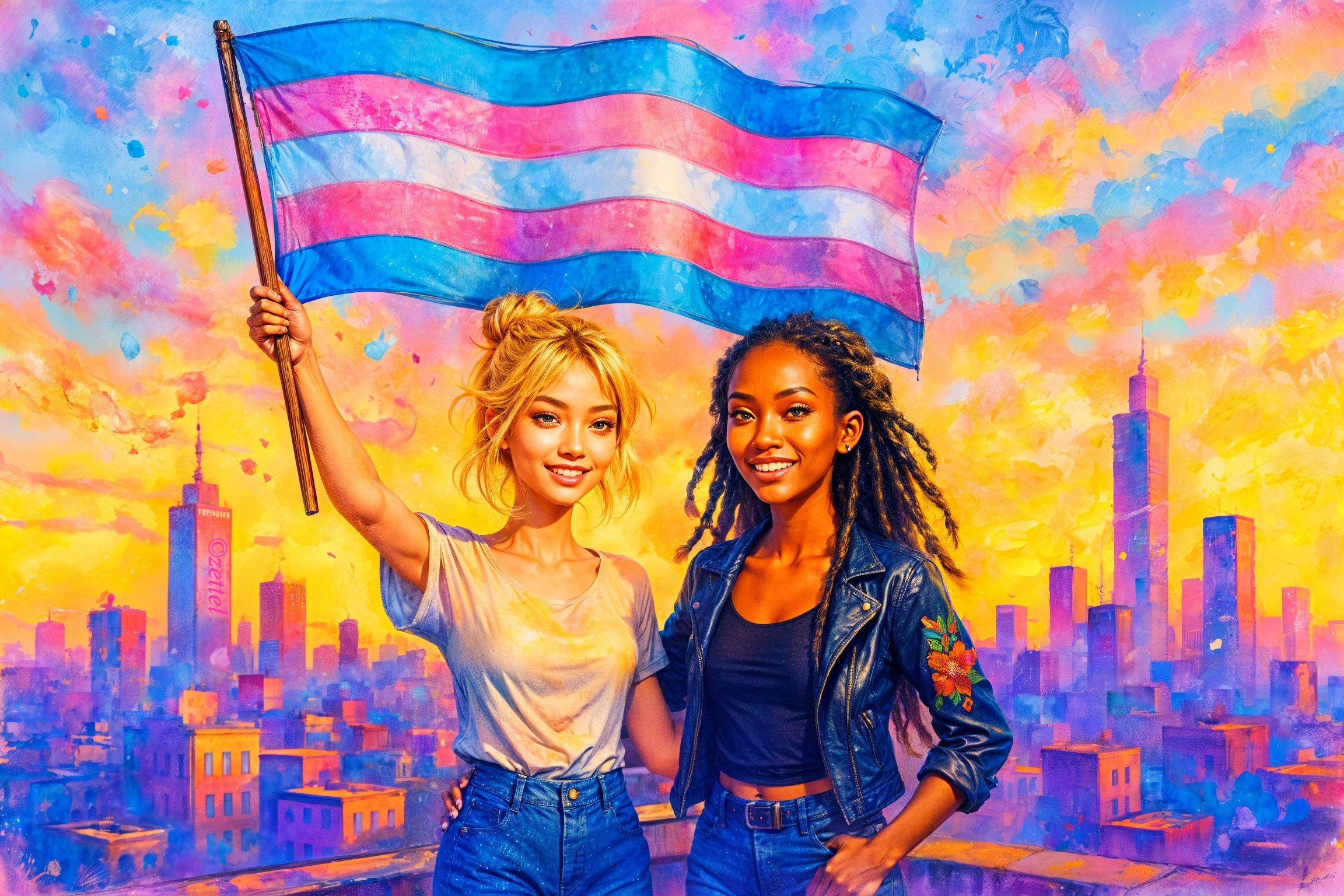 Young Women with Transgender Pride Flag at Sunset