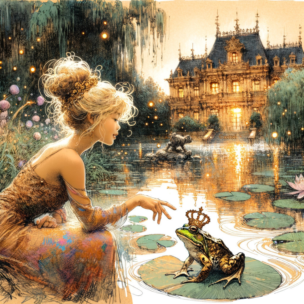 Young Woman and Crowned Frog in Enchanting Twilight Scene