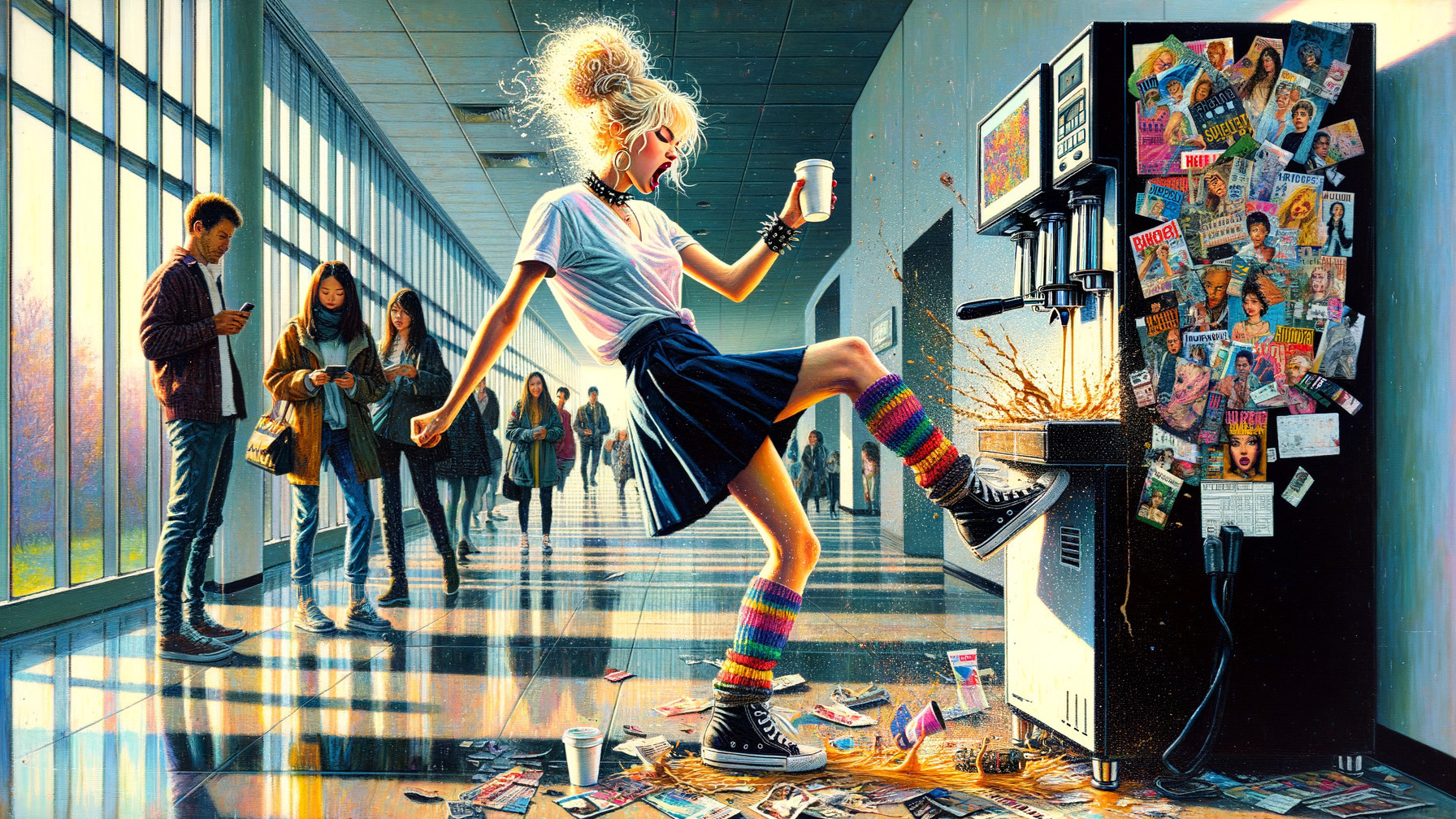Girl in Colorful Socks Kicks Vending Machine in Hallway