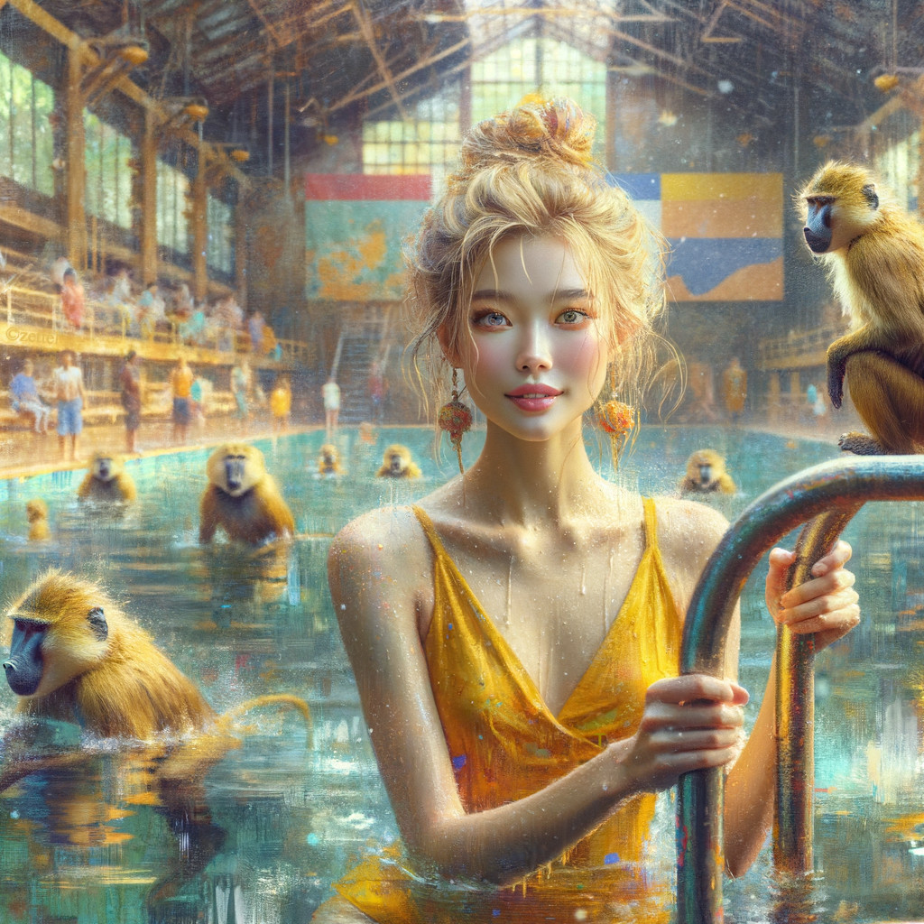 Young Woman in Yellow Dress with Playful Baboons