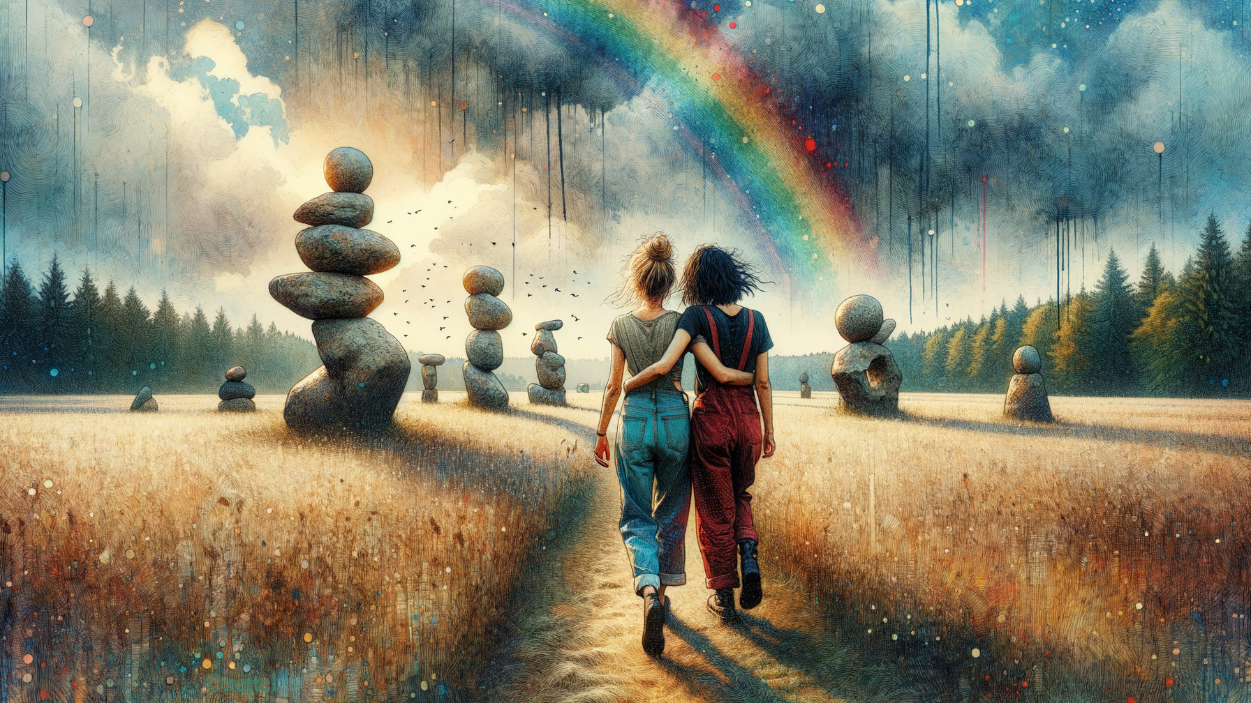 Figures Walking in a Golden Field Under a Rainbow