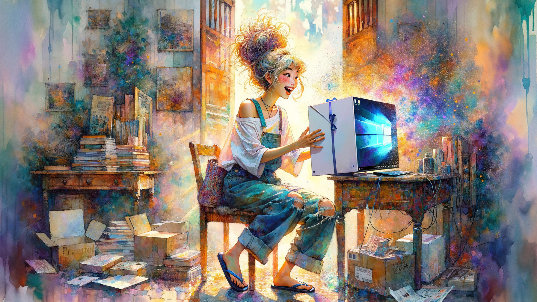 Joyful Young Woman at a Cluttered Creative Desk