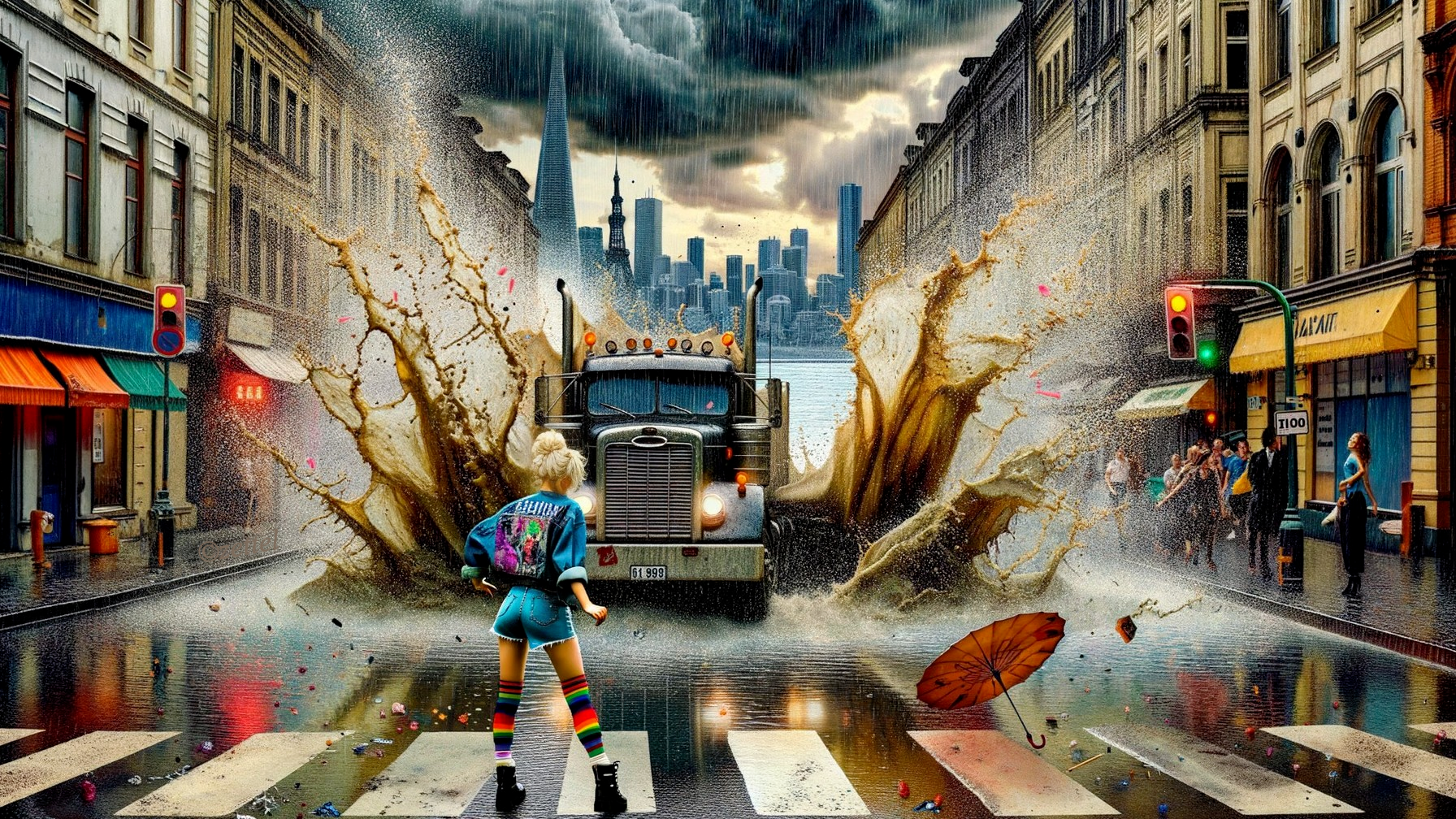 Urban Scene with Girl, Truck, and Stormy Sky