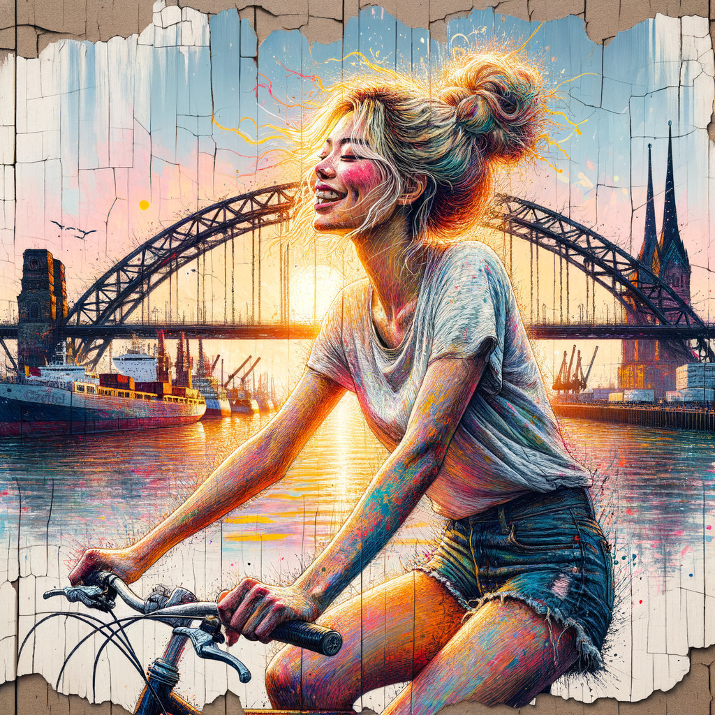 Young Woman Biking by River at Colorful Sunset