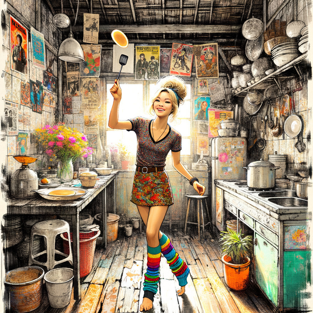 Colorful Kitchen Scene with Joyful Pancake Flipping