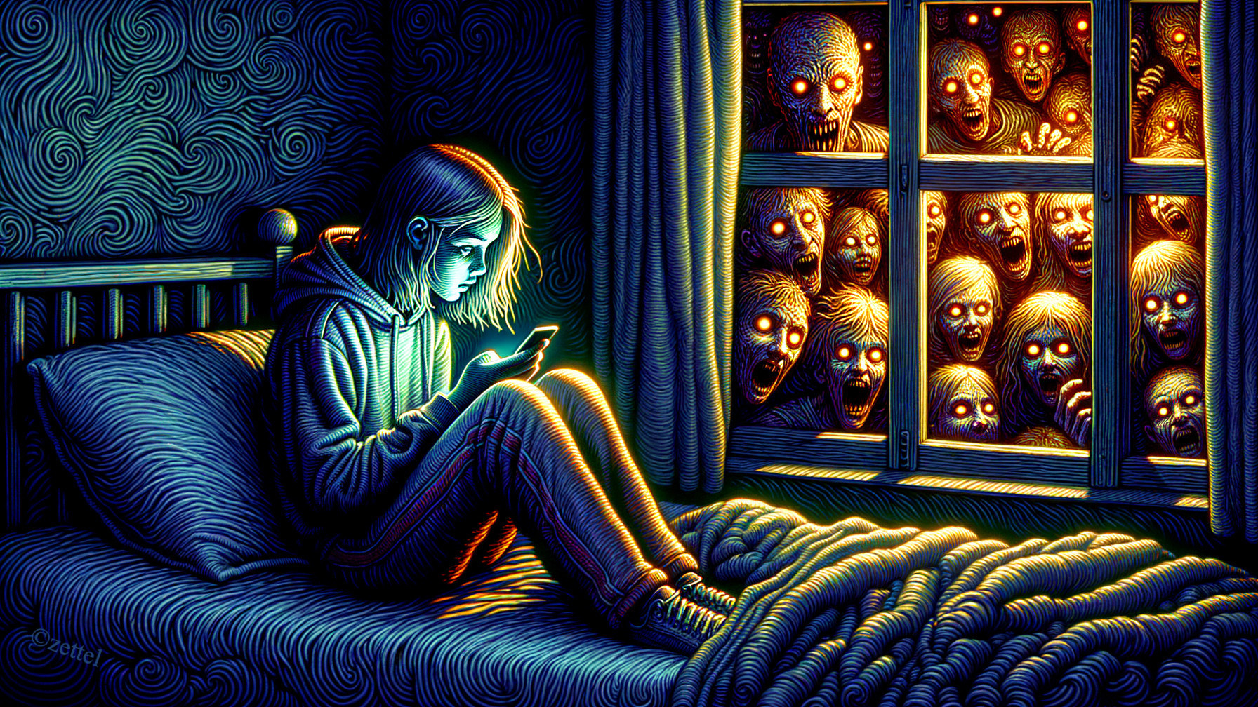 Girl on bed with phone, ominous figures outside window