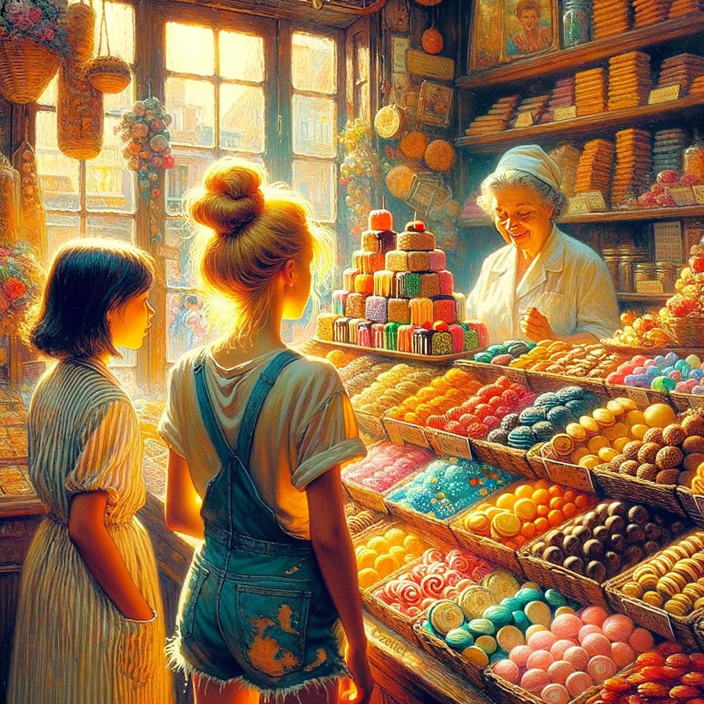 Charming Bakery Scene with Pastries and Young Girls