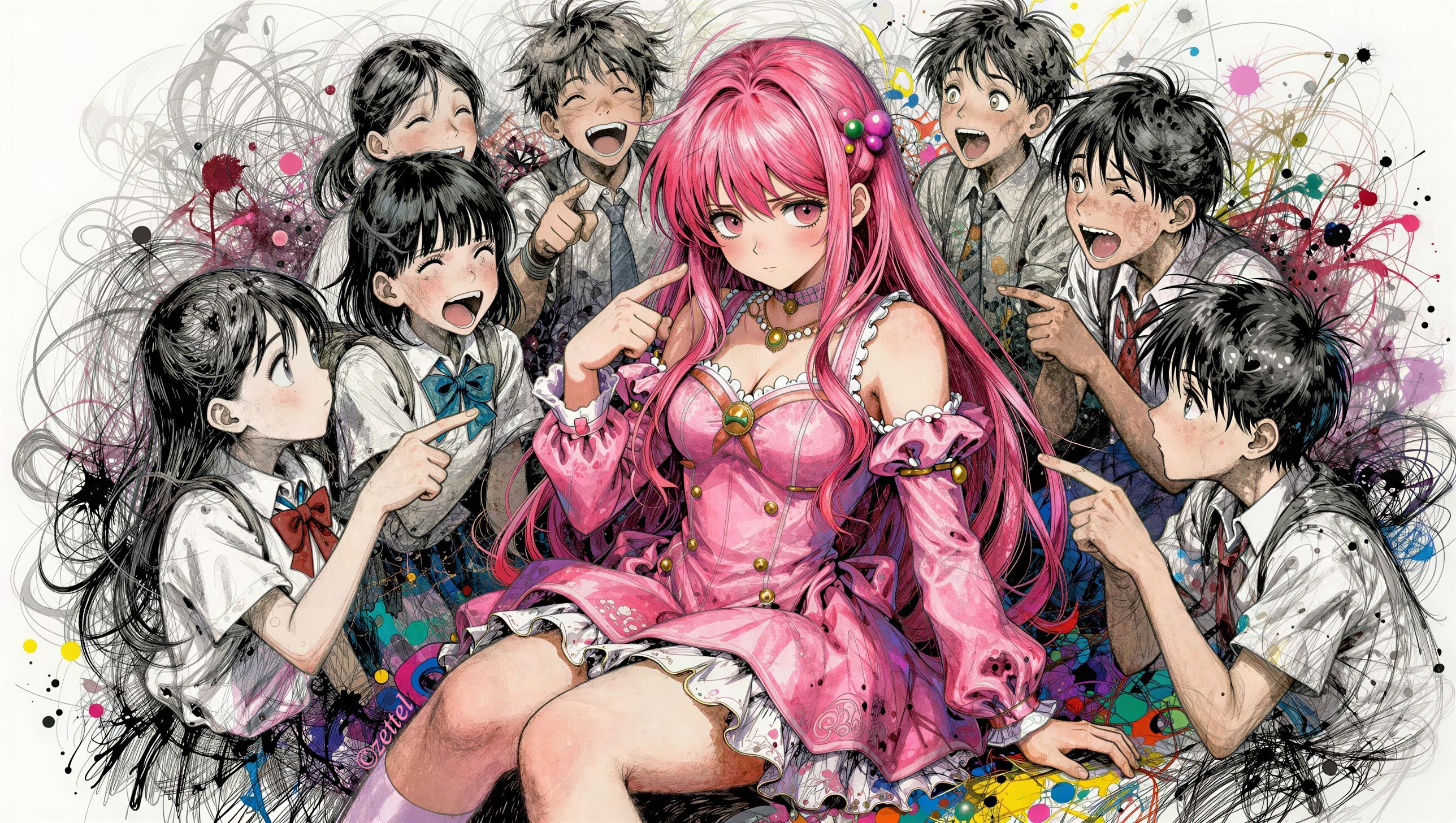 Digital Illustration of Pink-Haired Anime Girl in Dress