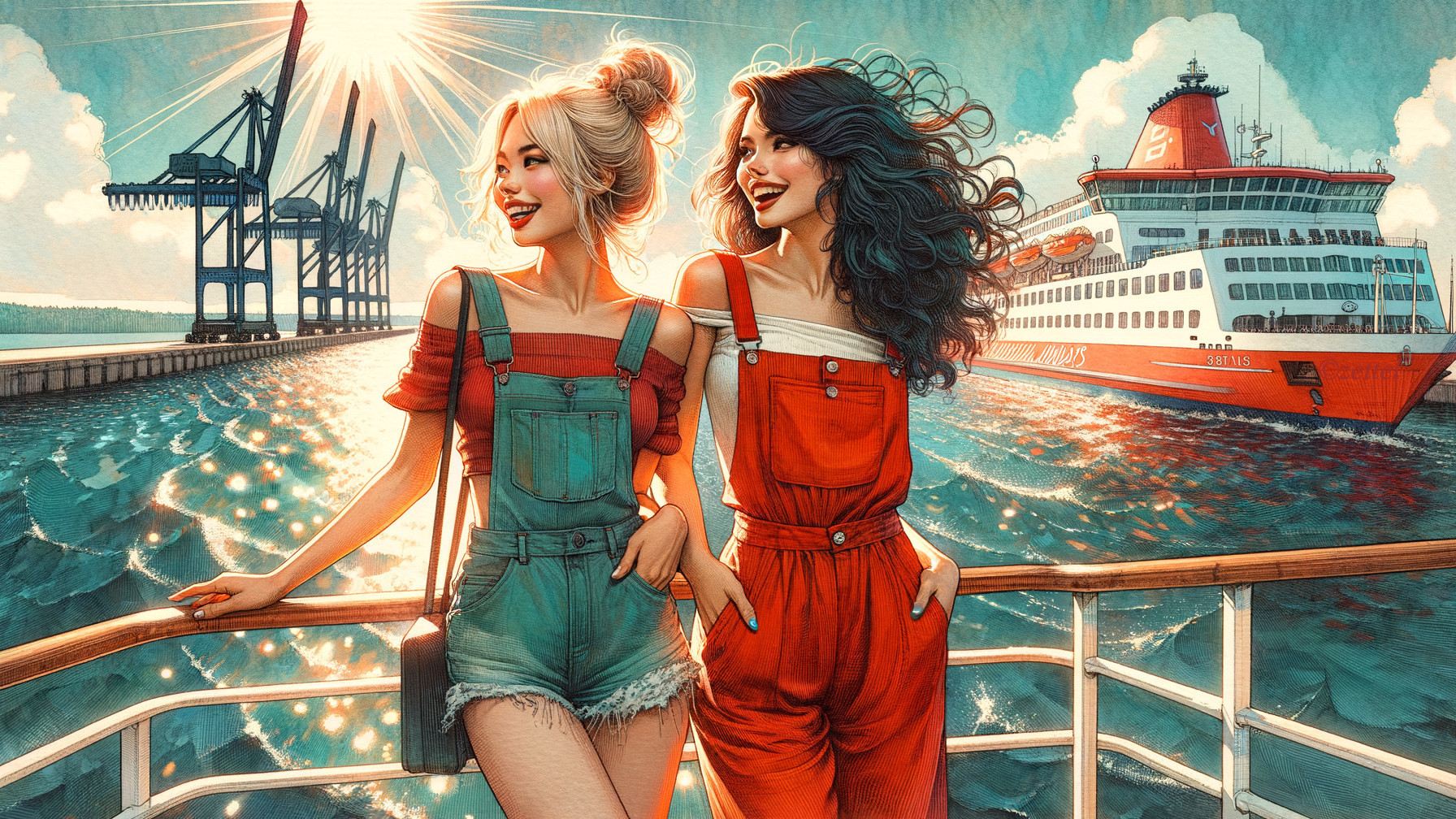 Young Women on Ship Deck with Harbor Background