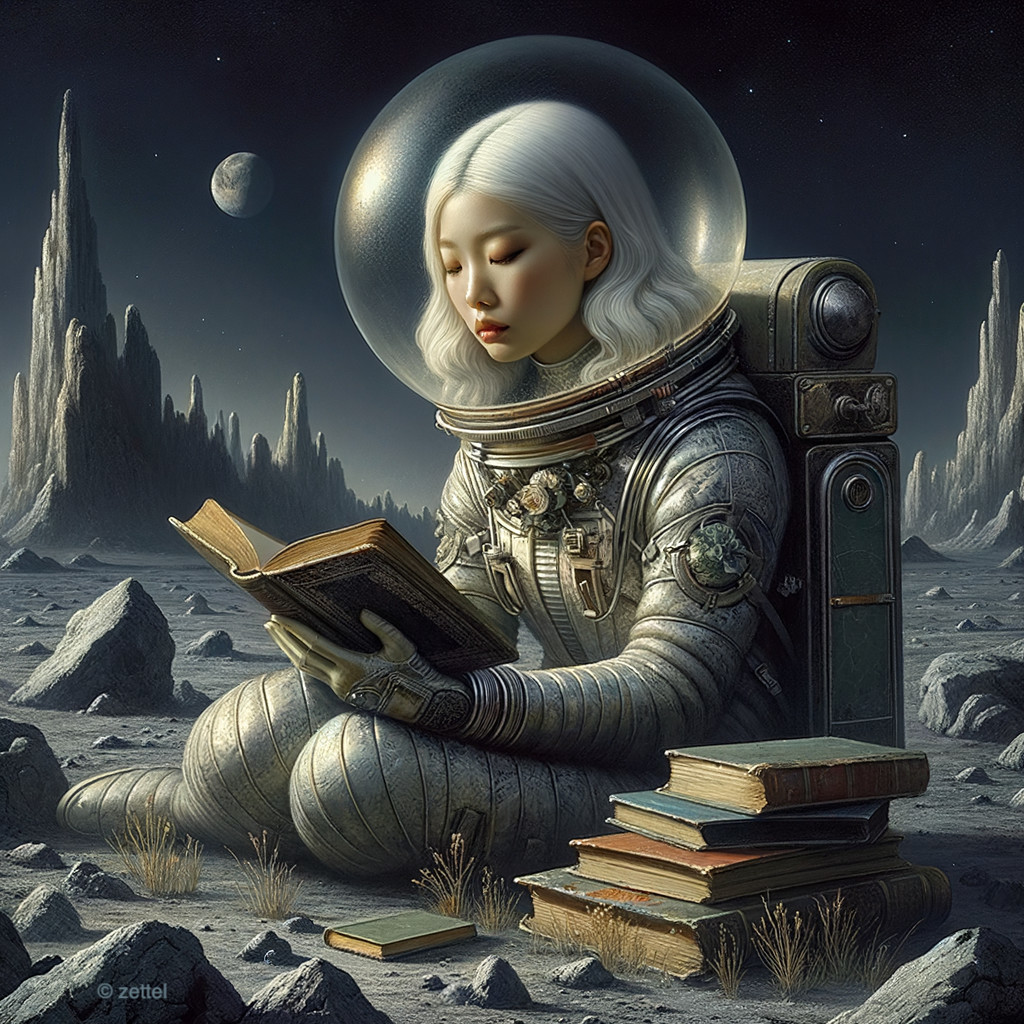 Young Woman in Vintage Spacesuit Reading on Moon