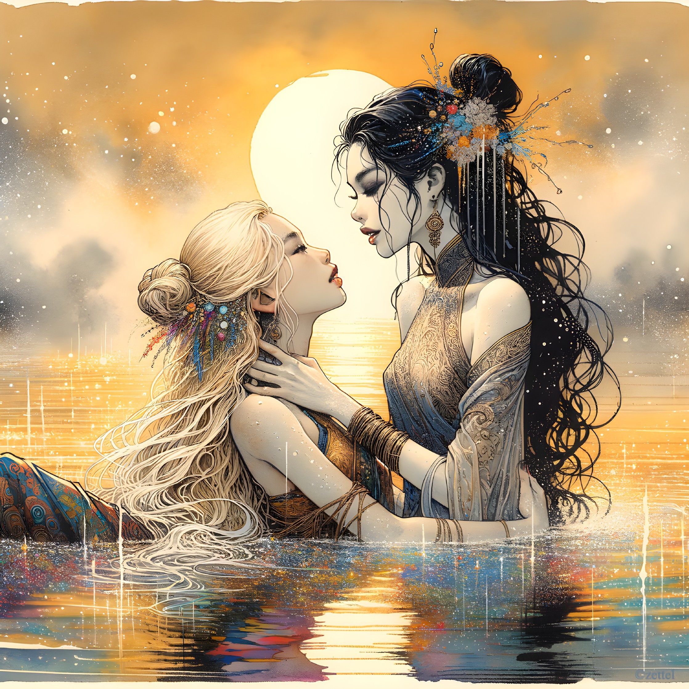 Ethereal Figures in Serene Sunset Water Setting