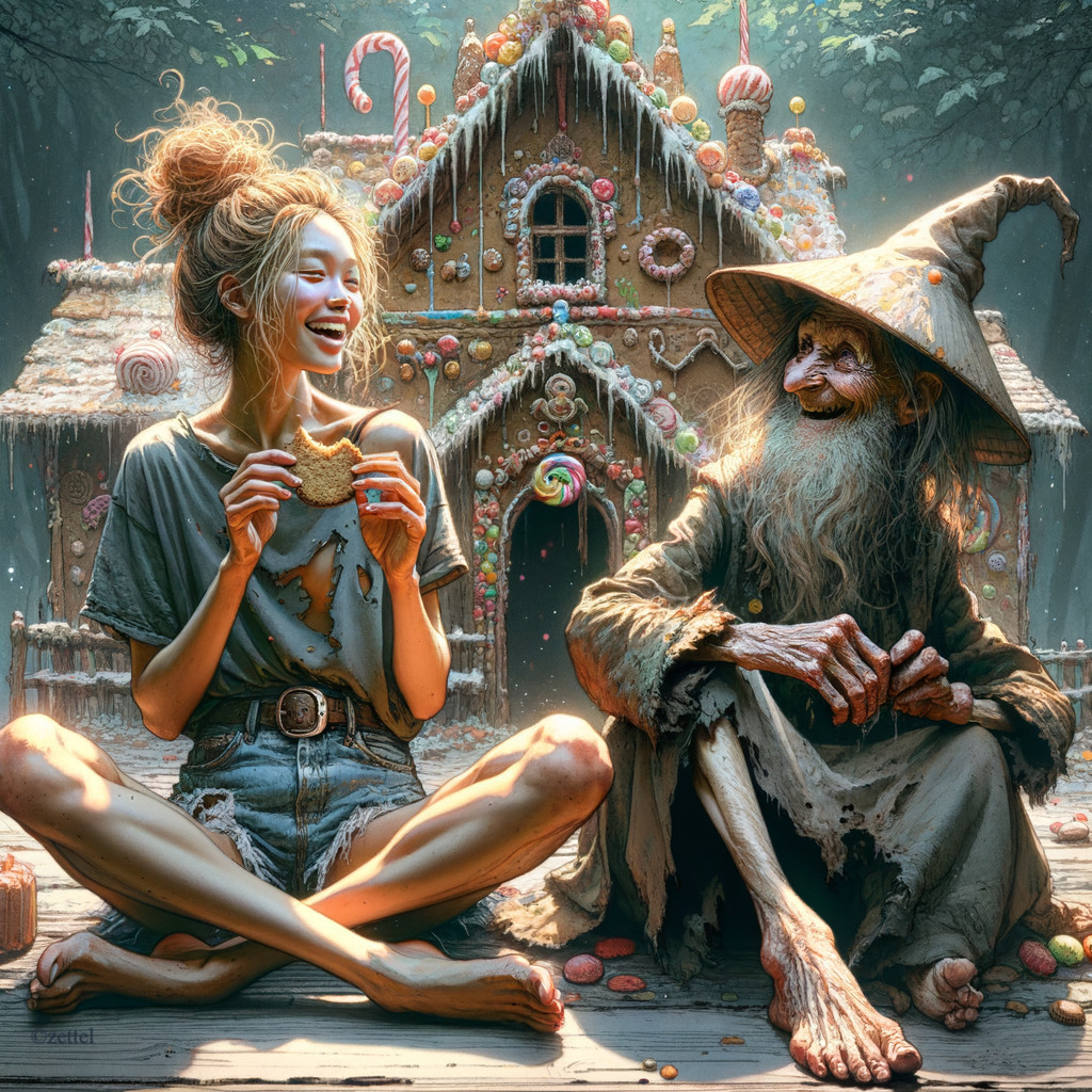 Whimsical Forest Scene with Young Woman and Wizard