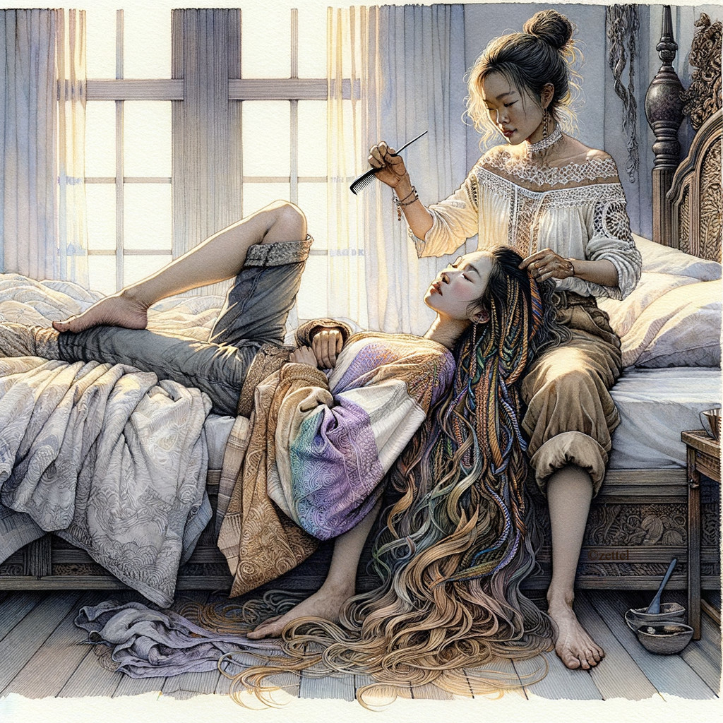 Intimate Moment of Hair Styling in Soft Lighting