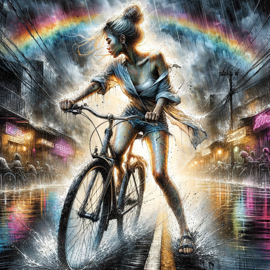 Woman Biking in Rain with Rainbow in Urban Setting