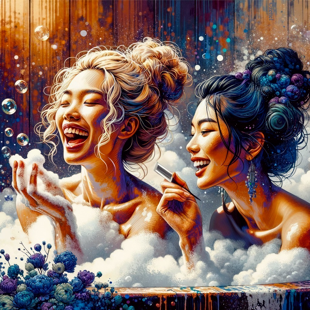 Joyful Women in Whimsical Bubble Bath Setting