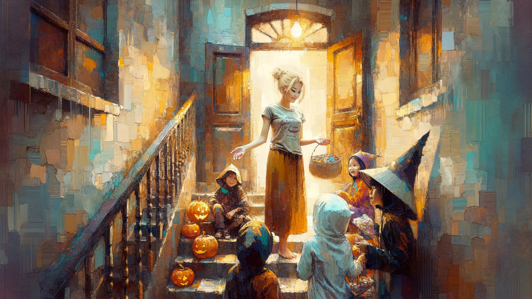 Halloween Scene with Woman and Children in Costumes